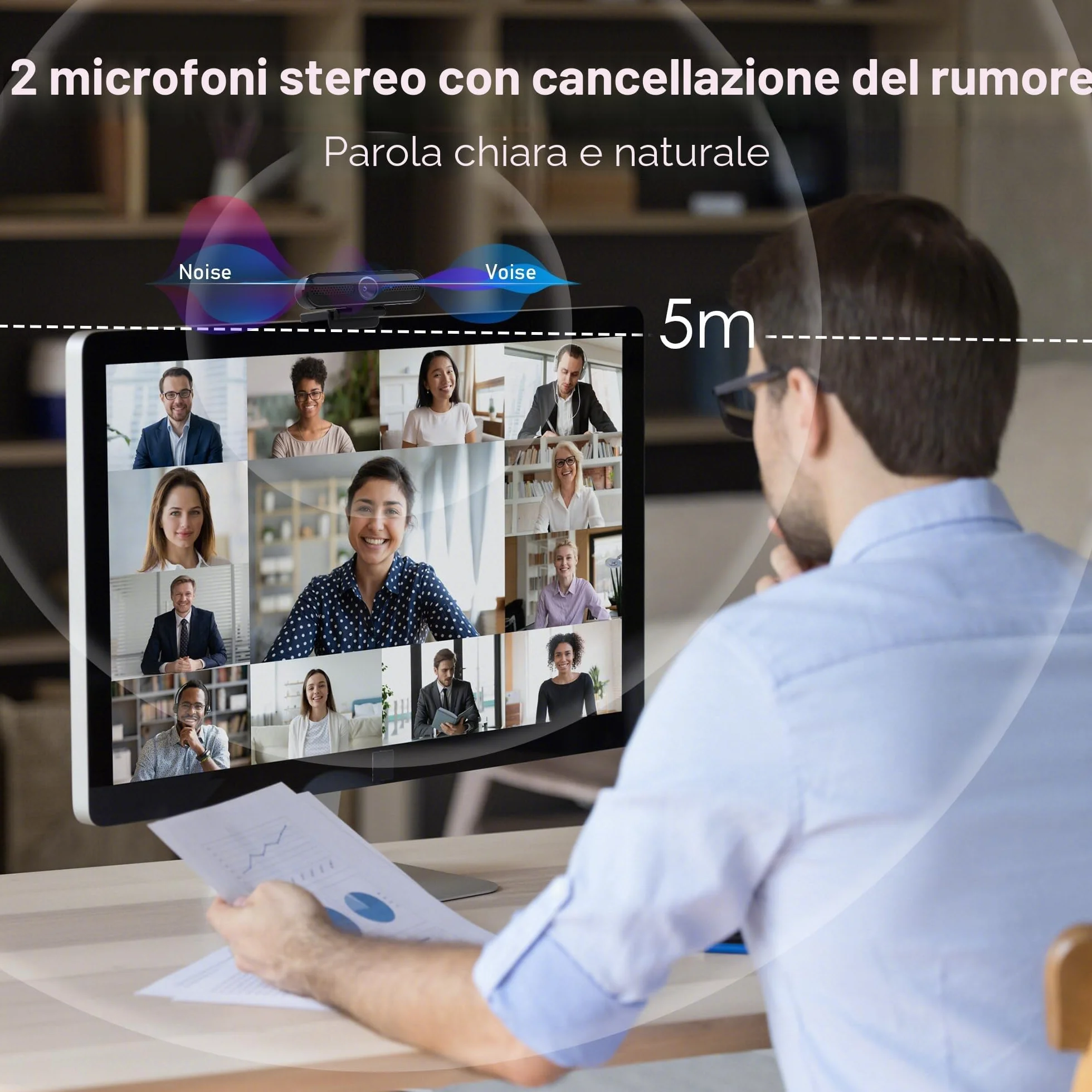 W4DS 2K Webcam, HD Webcam PC con Microfono, Autofocus, 78° View, Plug&Play, Microfono Riduzione Rumore, Protezione della privacy, USB Webcam per Videochiamate, Conferenza, Studio e Streaming