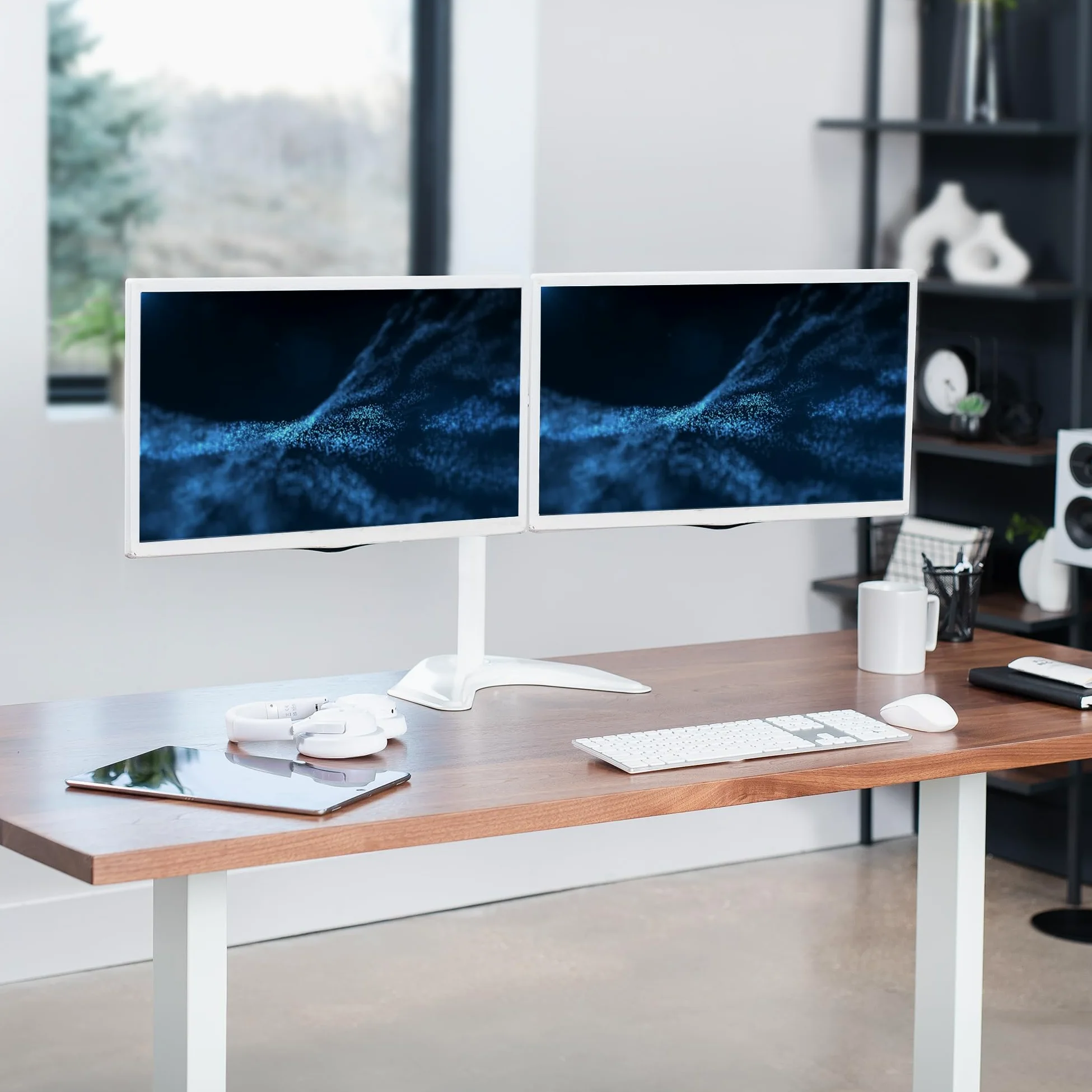 VIVO Supporto per monitor LCD a doppio LED, supporto da scrivania per 2 schermi fino a 27 pollici, braccio completamente regolabile resistente con VESA max 100x100mm, bianco, STAND-V002FW