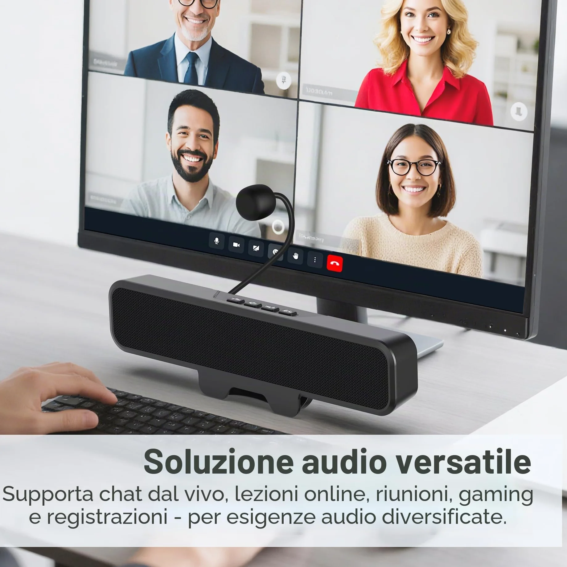 Inwa Altoparlante per PC, altoparlante USB con microfono, stereo e basso, spegnimento muto a un pulsante, clip plug and play per monitor PC, desktop, laptop e Mac (nero)