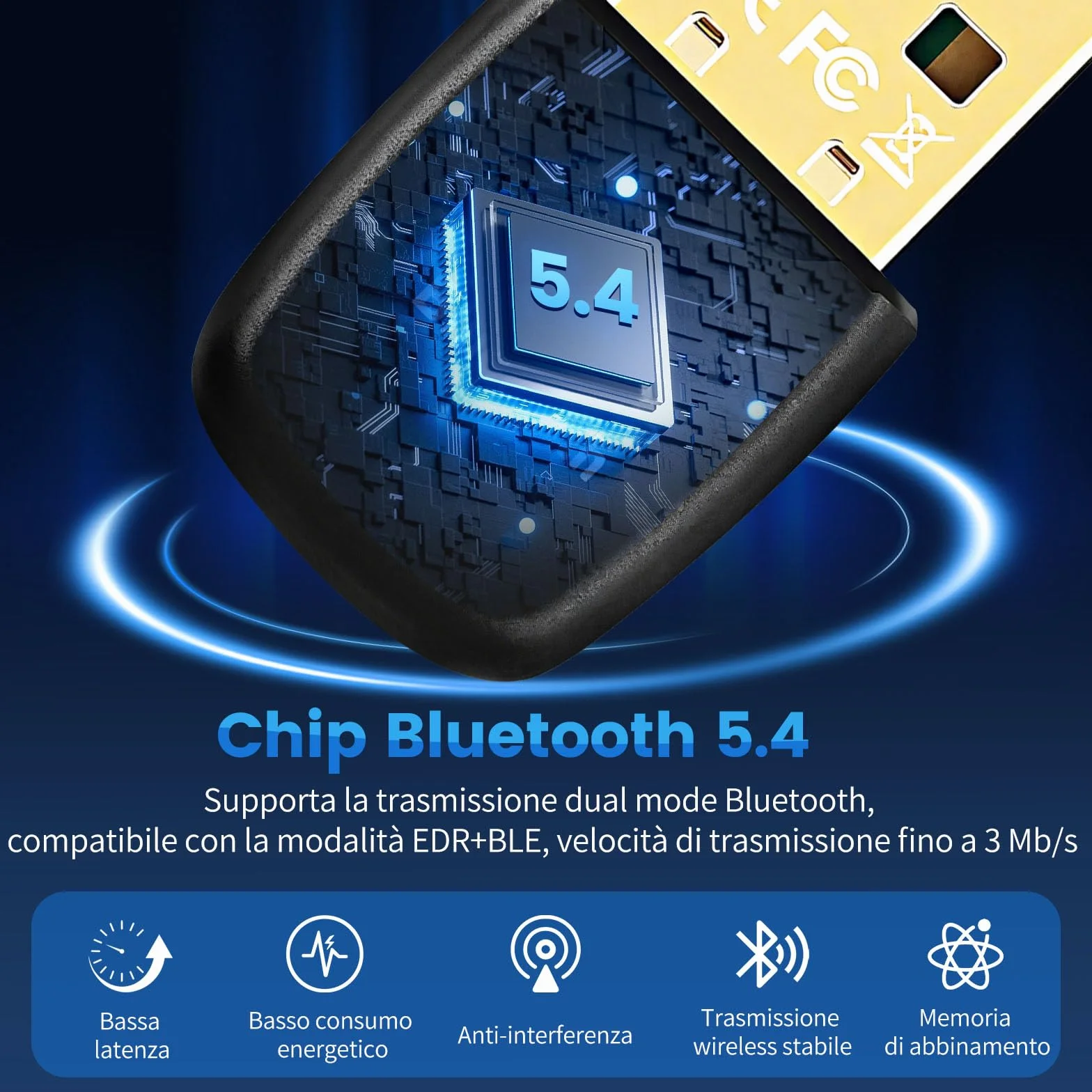 Adattatore Bluetooth 5.4 USB per PC, ricevitore Bluetooth Dongle a bassa latenza, Plug & Play, compatibile con Windows 7/8.1/10/11, computer desktop e laptop, mouse, tastiera, cuffie