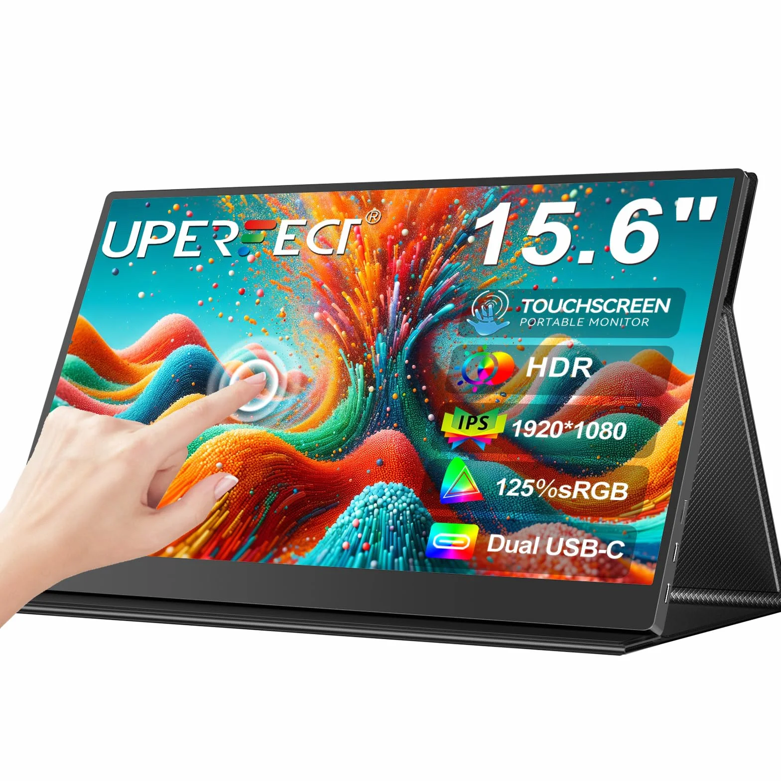 UPERFECT Monitor Portatile Touchscreen 15.6" 125% sRGB FHD HDR Opaco 2000:1 Contrast, Custodia Multifunzionale in Pelle, Compatibile con VESA, Doppia porta USB-C per Laptop/Telefono/Console di Gioco