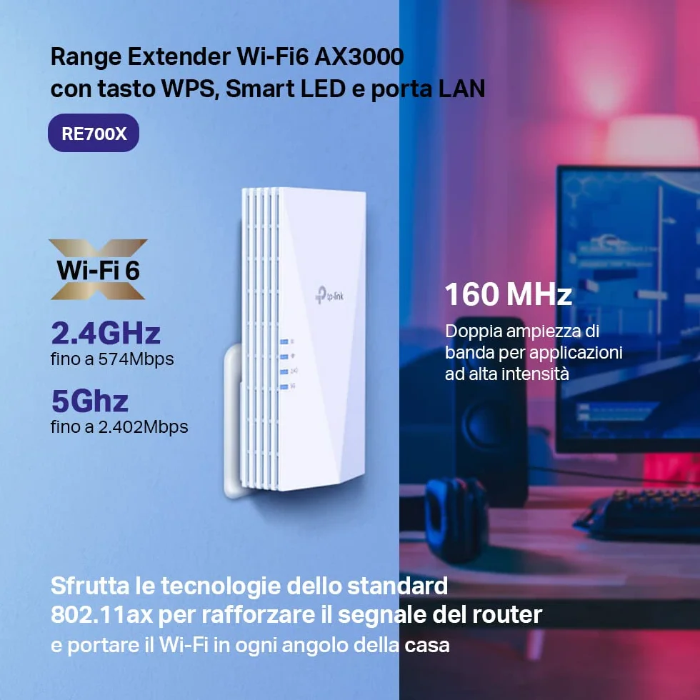 TP-Link RE700X Ripetitore WiFi 6 Dual-Band AX3000Mbps, WiFi Extender e Access Point, 1 Porta Gigabit, MU-MIMO, Beamforming, Amplificatore Segnale Wi-Fi, TP-Link Onemesh