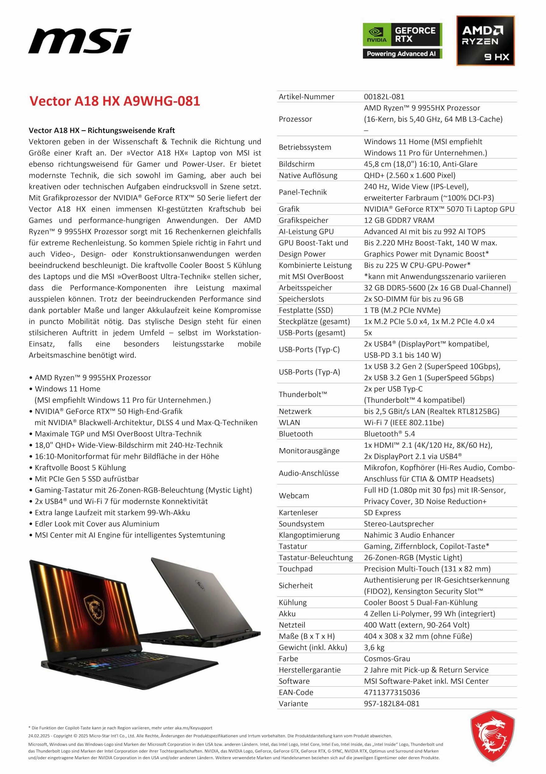 MSI Vector A18 HX Gaming Laptop da 18", QHD+ 240 Hz Display, AMD Ryzen 9 9955HX, NVIDIA GeForce RTX 5070 Ti, 32 GB DDR5, SSD 1 TB, Windows 11 Home, QWERTZ tastiera, A9WHG-081