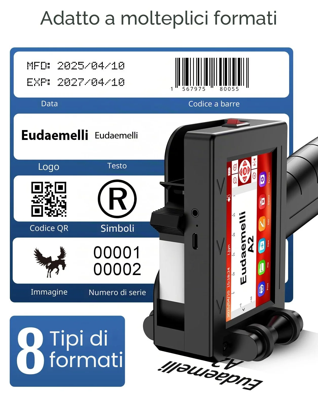 A2 Stampante Palmare Portatile,Stampante a Getto D'inchiostro con Touch Screen da 4,3 Pollici per Logo/Immagine/Data di Produzione/Numeri/Lotto/Codice QR/Codice a Barre(Altezza di stampa 2-25,4 mm)