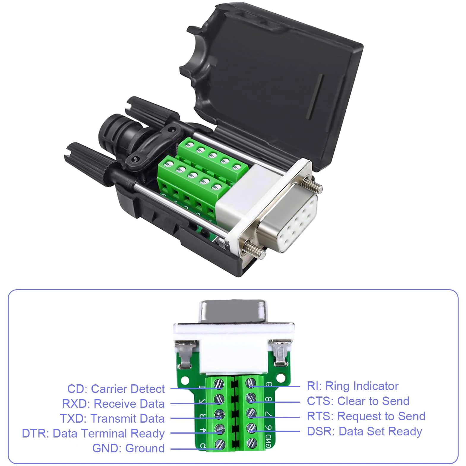 Per connettore DB9 senza saldatura, RS232 DB9 Breakout maschio D SUB accessorio seriale a 9 pin morsetto di collegamento con dado, 4 pezzi
