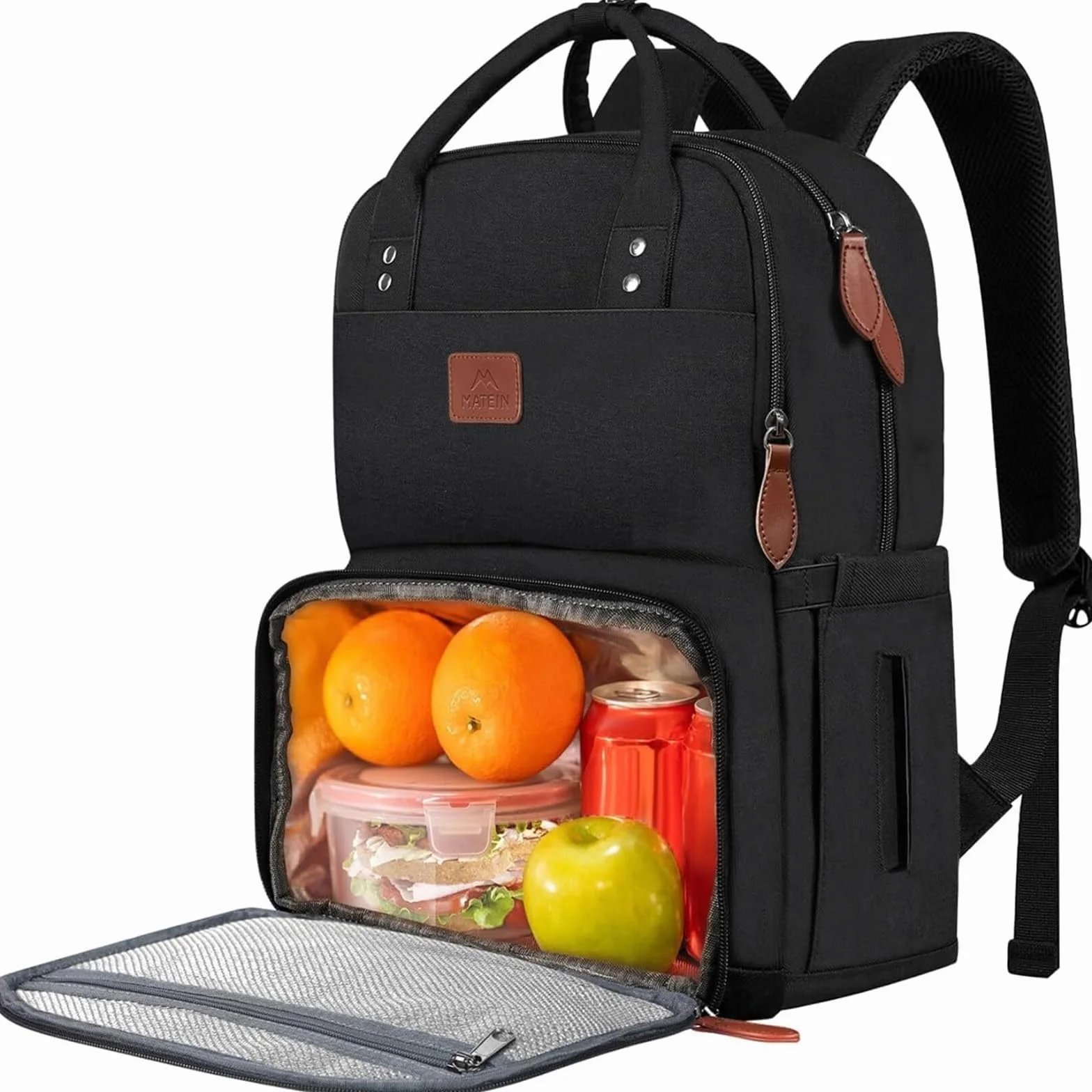 MATEIN Zaino Porta PC Uomo Donna 15,6 Pollici con Scomparto Porta Pranzo Termico, Zaino da Viaggio 40x30x20 Impermeabile e Antifurto, Borsa Termica per Lavoro, Ufficio e Università, Nero