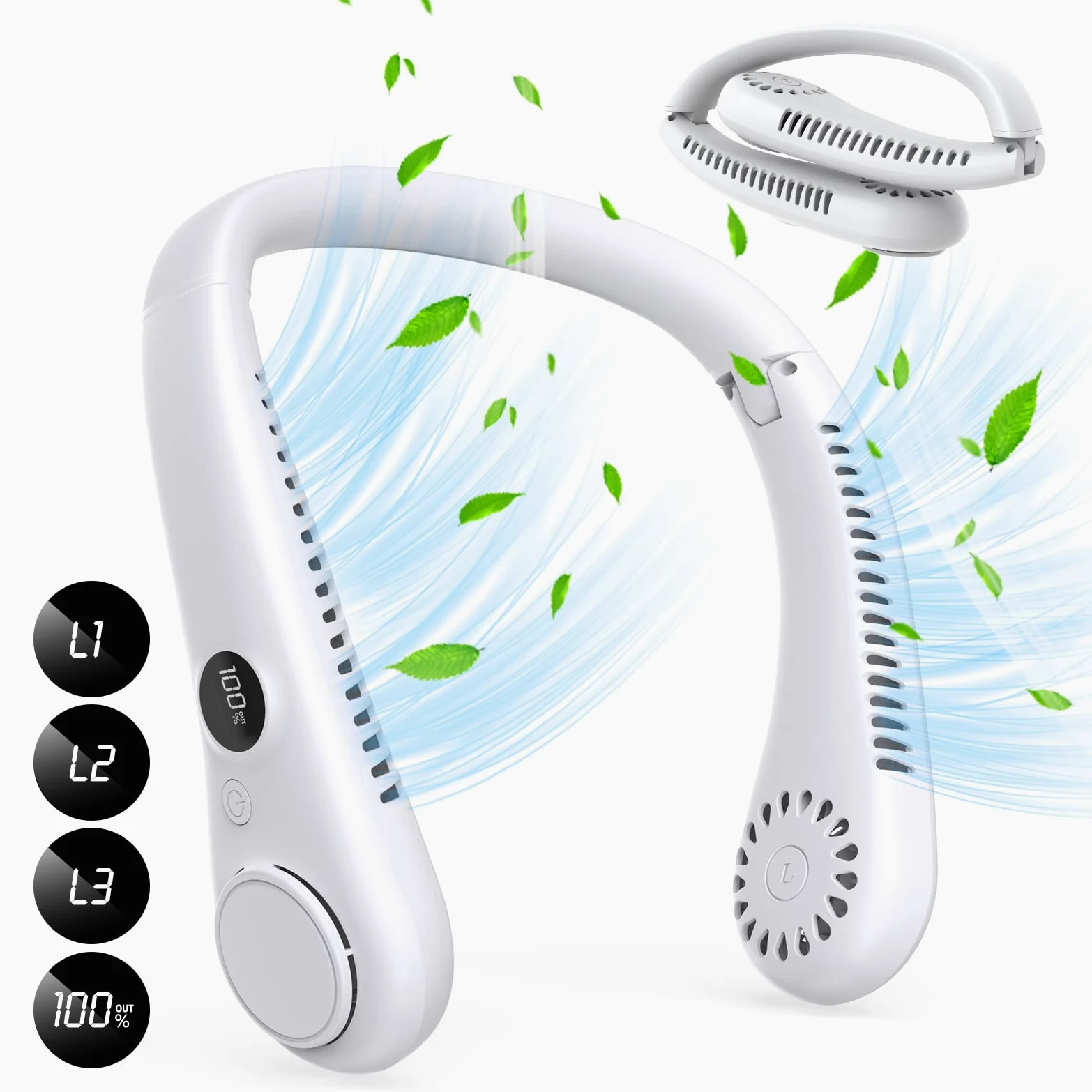 LAESO Ventilatore da collo portatile, ventilatore da collo pieghevole senza lama a mani libere, display LCD, ventilatore da collo a 3 velocità alimentato tramite USB, per esterni e interni