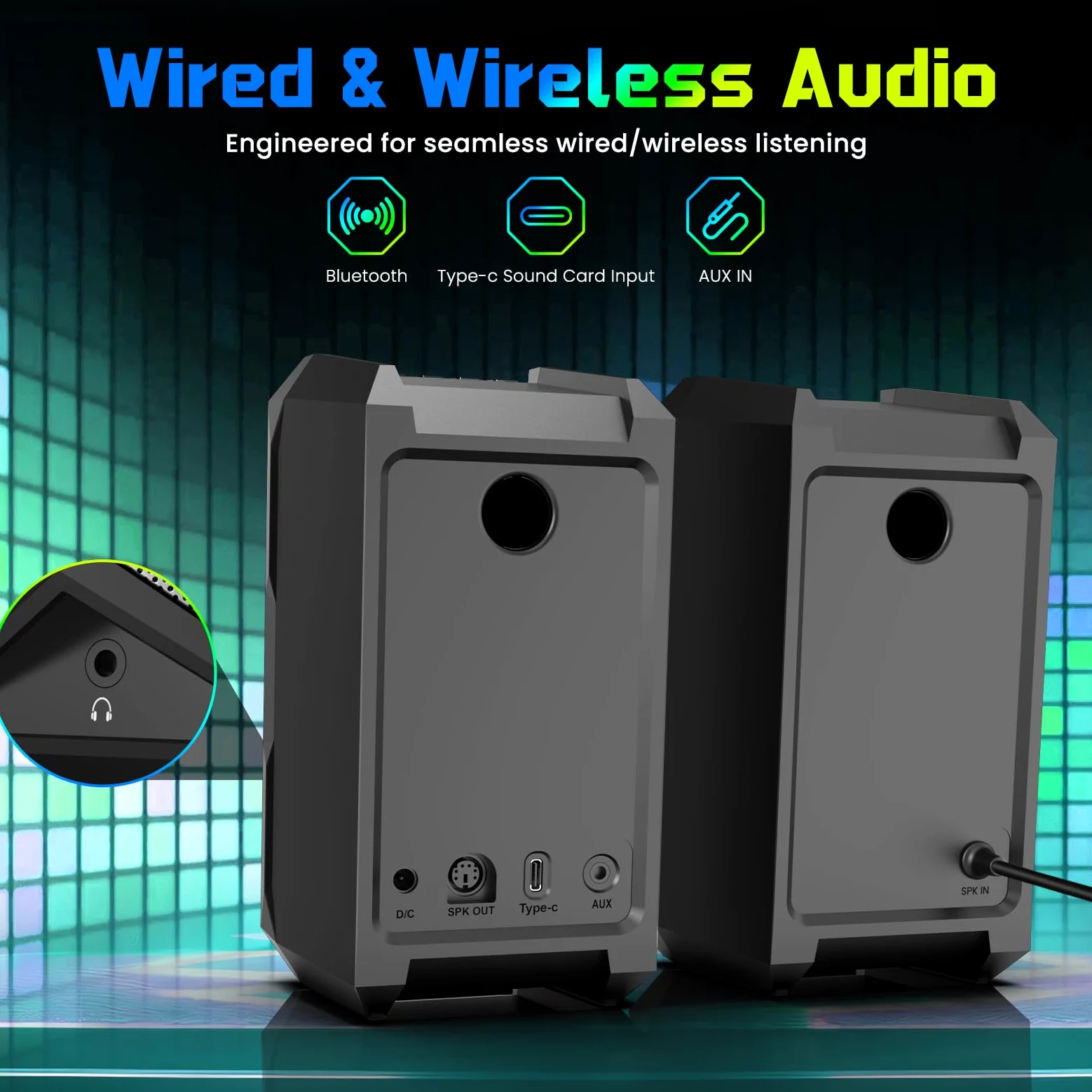 LITTOAK Altoparlanti per computer per musica e giochi, altoparlanti alimentati con adattatore CC per PC desktop o laptop, altoparlante desktop Bluetooth 5.3, 10 modalità RGB, ingresso AUX da 3,5 mm