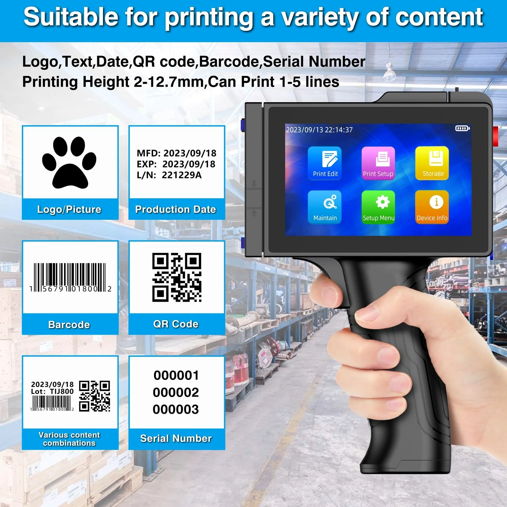 Agendepoint.it Stampante Palmare Portatile TIJ800 a Getto D'inchiostro PortatileTouch da 5 Pollici per Logo/Immagine/Codice a Barre