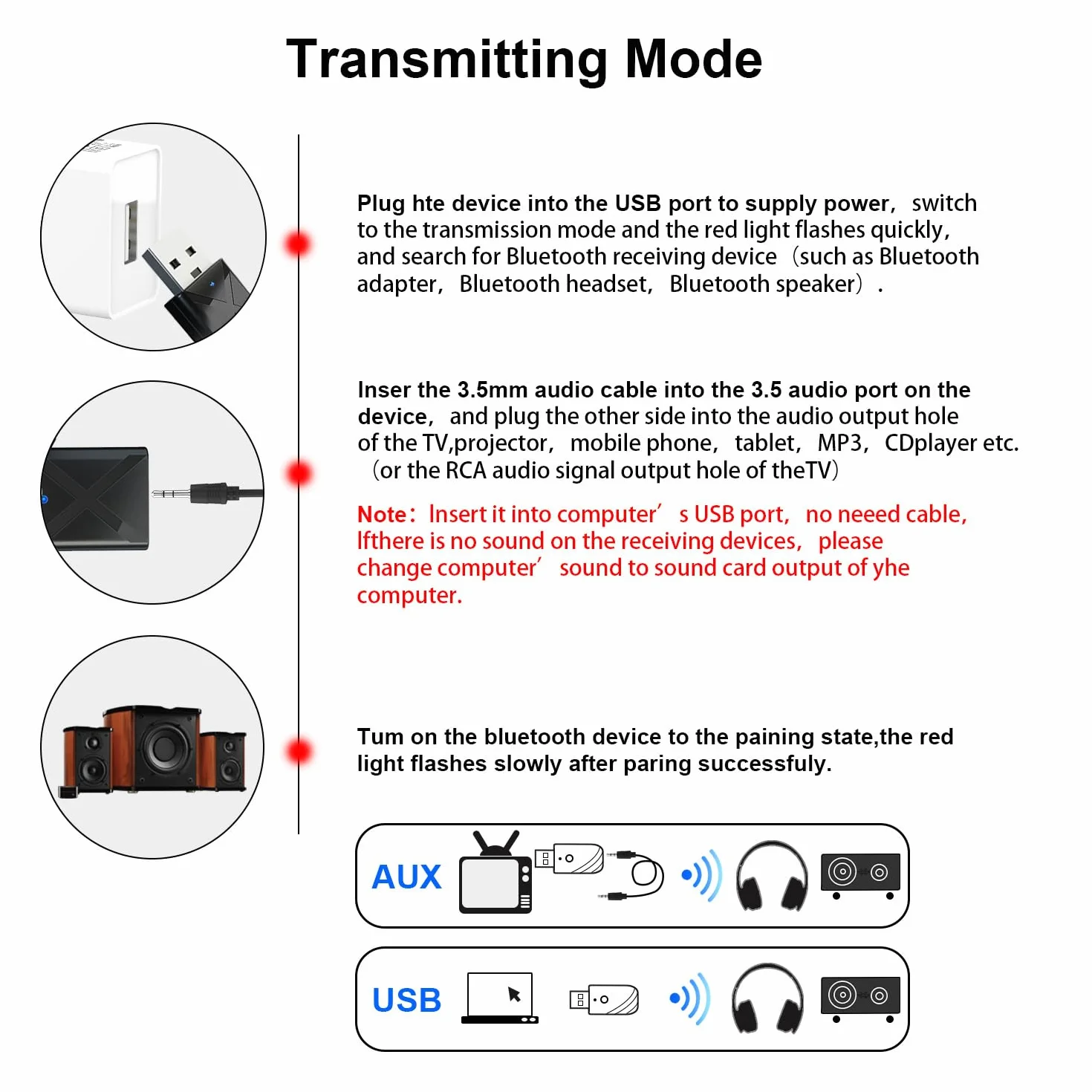 USB Ricevitore Bluetooth Trasmettitore per TV Adattatore Chiavetta BT5.0 con 3.5mm AUX per PC/Cuffie/Altoparlanti/Autoradio/Stereo