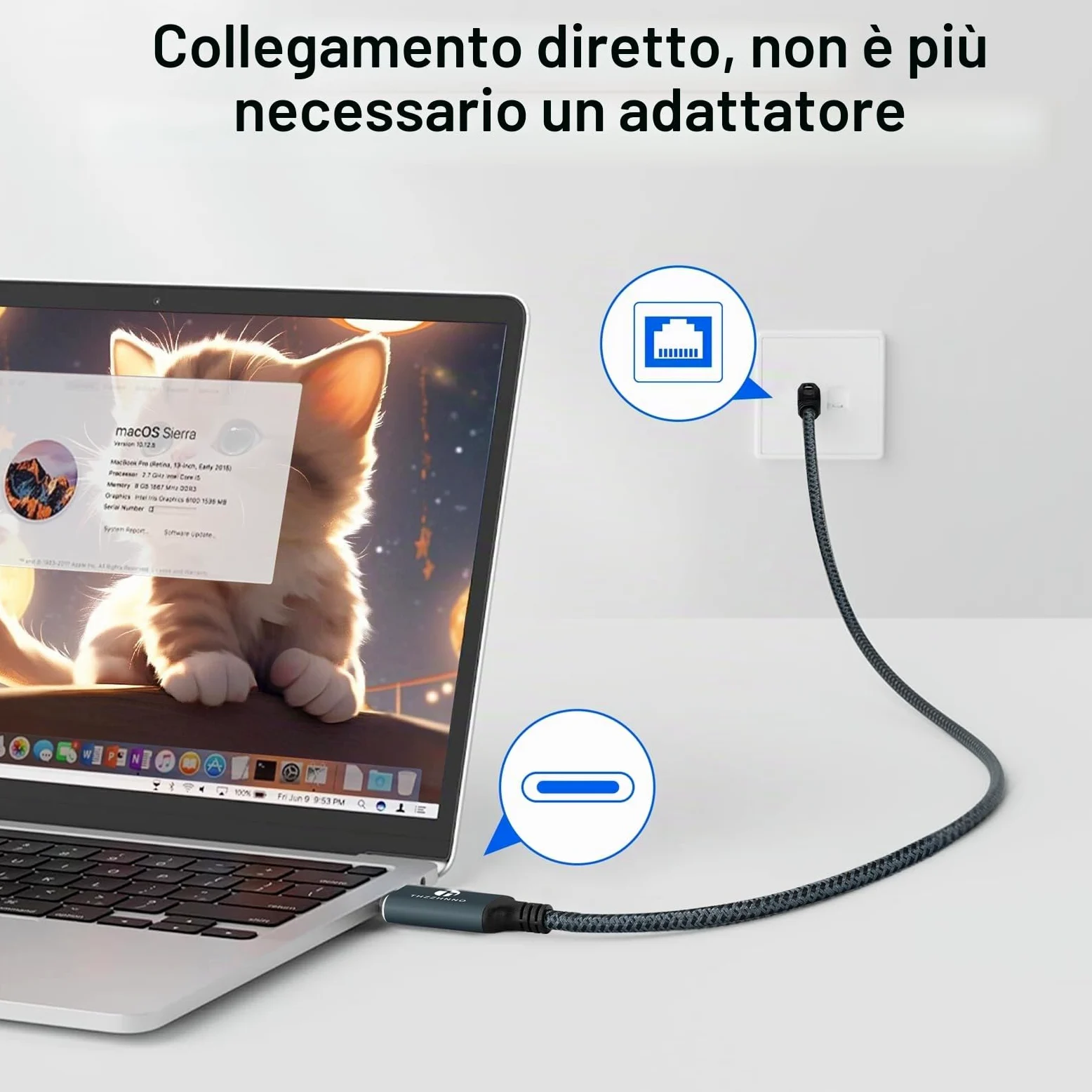 Cavo Adattatore USB C a Ethernet 10M, Tipo C a RJ45 LAN Gigabit, collegato direttamente, Compatibile con Thunderbolt 3/4 per MacBook Pro/Air, iPad Pro, iPhone serie 15, Galaxy S24