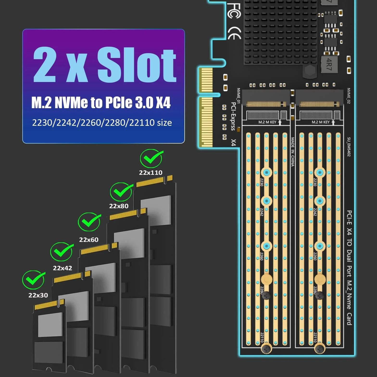 GLOTRENDS PA20 Dual Adattatore M.2 NVMe a PCIe 3.0 X4 con biforcazione PCIe, configurazione RAID M.2 NVMe tramite OS Tool (supporta dimensioni 22110/2280)