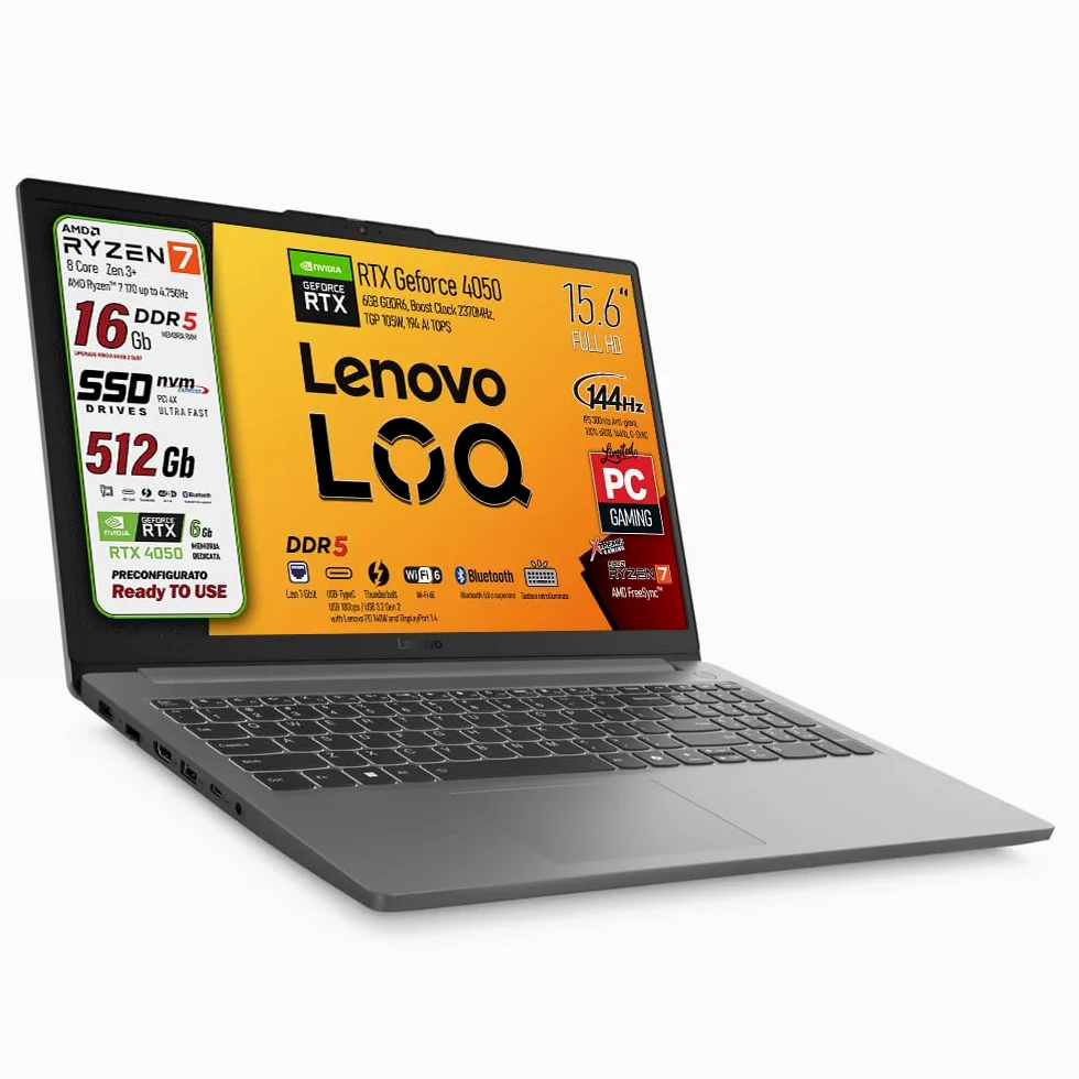 Lenovo Notebook Gaming Ryzen 7 170 GeForce RTX 4050 6GB, Display 15.6 144Hz | RAM DDR5 16GB, SSD 512GB, IPS 15,6" SRGB 100 144Hz G-SYNC Tastiera Retroilluminata, ready to Use, Include alimentatore