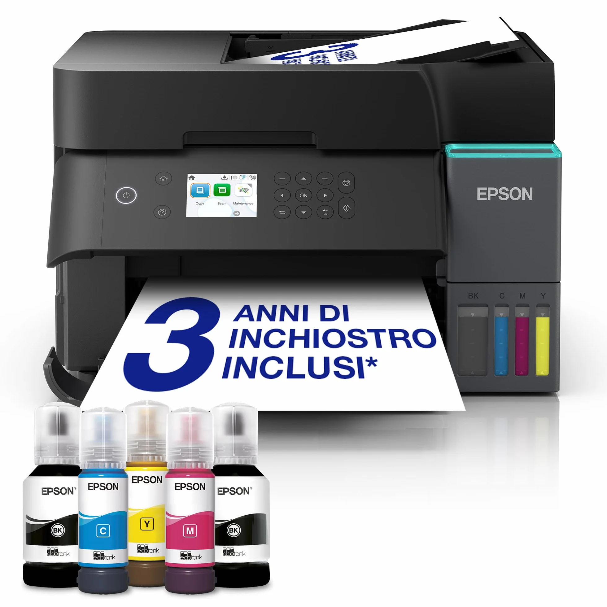 Epson EcoTank ET-3950 Stampante A4 Wi-Fi Fronte/Retro Stampa Copia Scansione Display LCD 6.1 cm ADF 30 Fogli 3 Anni Inchiostro Inclusi