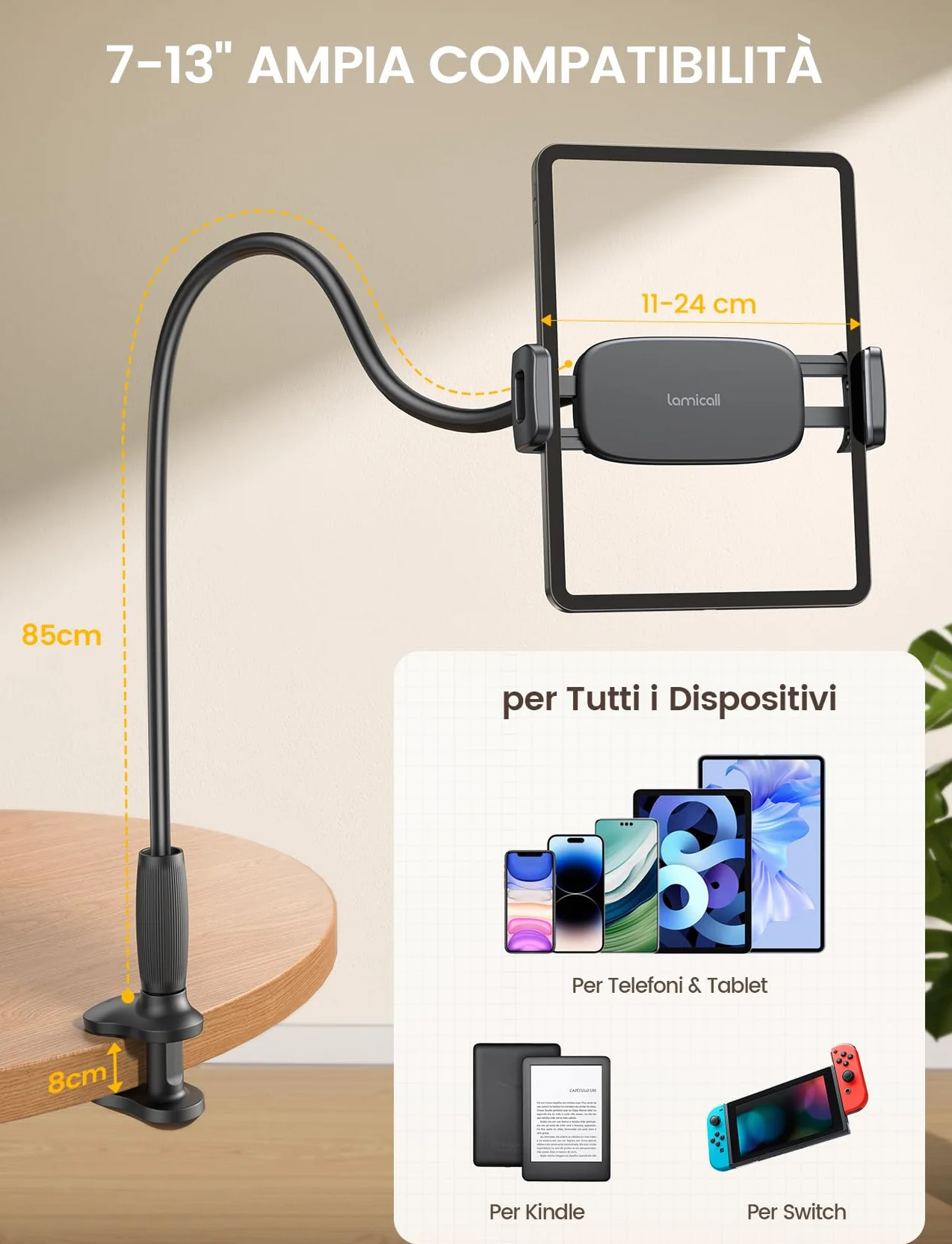 Lamicall Supporto Tablet con Collo di Cigno 85cm Braccio Flessibile 360° Rotazione per iPad Pro/Air/Mini Kindle 4,7-13"