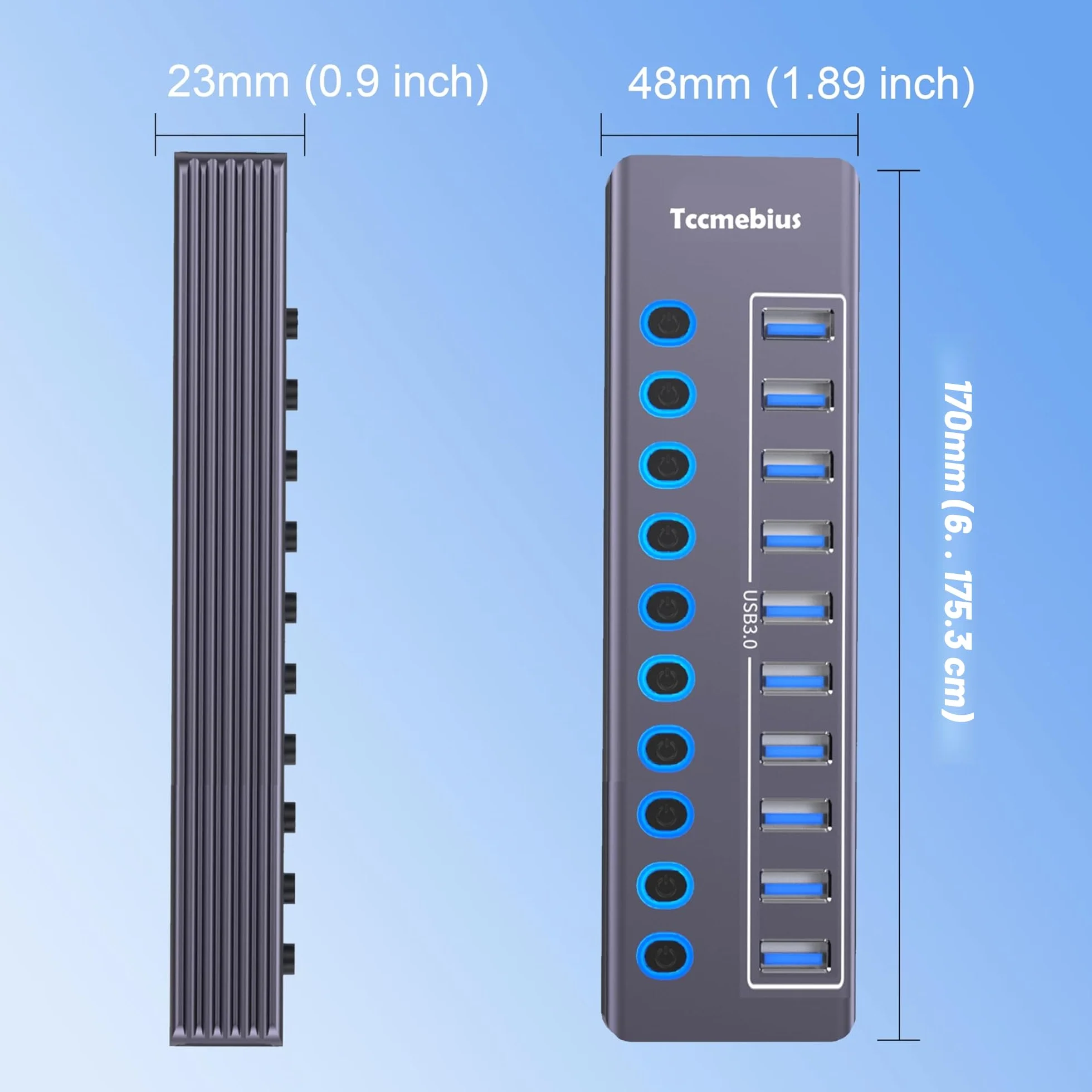 Hub USB 3.0 Alimentato, USB 3.0 / USB C a 10 Porte in Alluminio Trasmissione Dati 5Gbps, con Interruttore Indipendente LED, Adattatore di Alimentazione 12V/3A, 2-in-1 Cavo Dati(TCC-T310U)