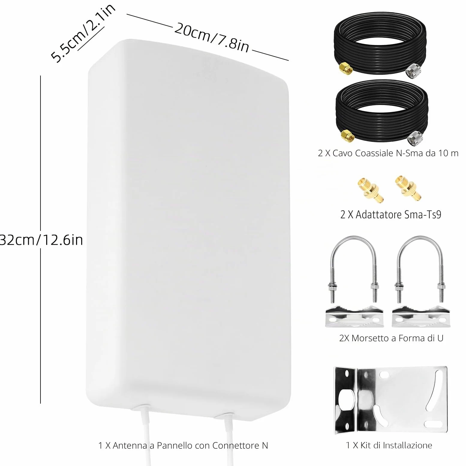 Antenna 4G LTE 5G da Esterno Mimo Logaritmica 698-2700 | 3300-4000 MHz | Guadagno fino 18 dBi compatibile per Router 5G 4G Connettore SMA con TS9 e 2 Cavi a Bassa Perdita da 10M
