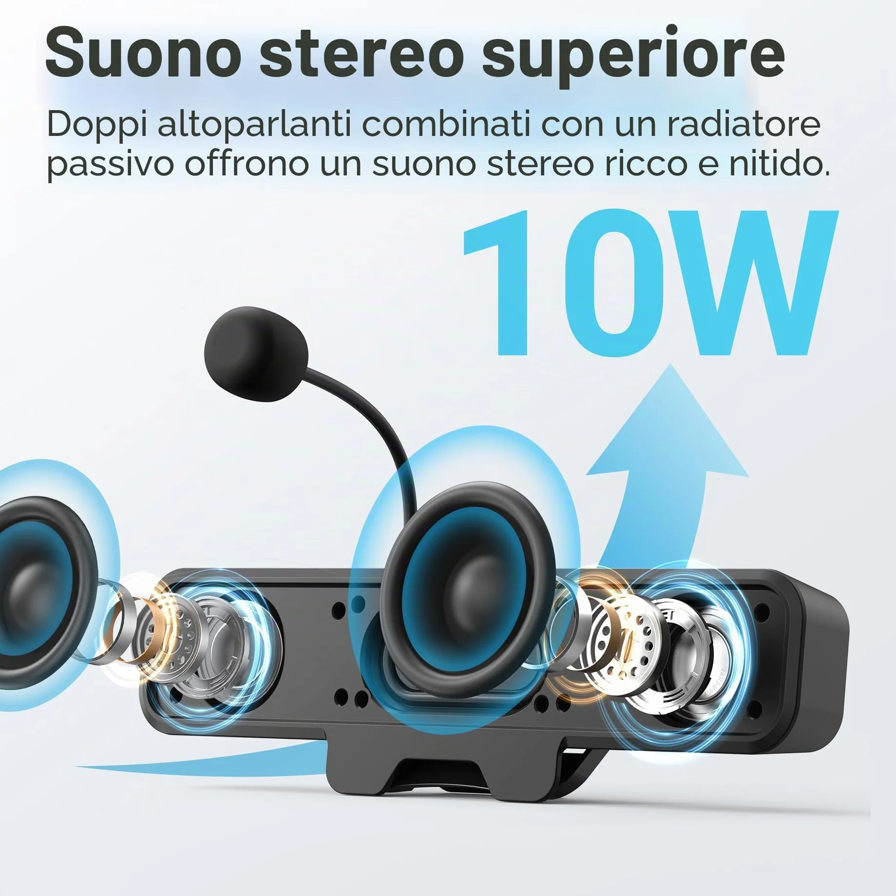 Inwa Altoparlante per PC, altoparlante USB con microfono, stereo e basso, spegnimento muto a un pulsante, clip plug and play per monitor PC, desktop, laptop e Mac (nero)