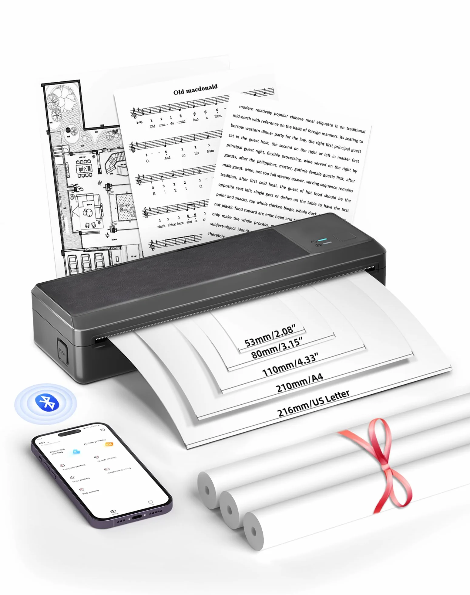 Stampante Termica Portatile A4 Bluetooth P83 Senza Inchiostro per Ufficio Viaggi, 3 Rotoli Carta, Nero