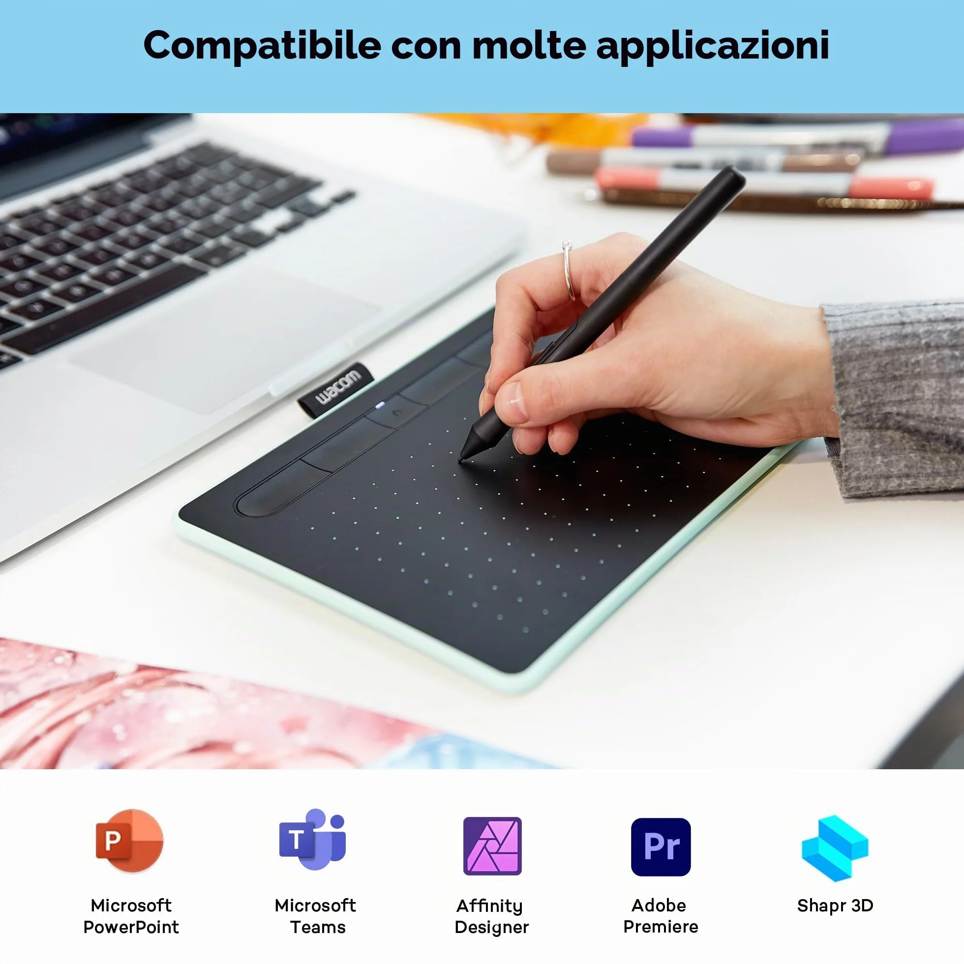 Wacom Ctl-4100Wle-S Intuos Bluetooth, Tavoletta Grafica Con Penna, Software Creativo e Bluetooth Inclusi, Verde Pistacchio, S