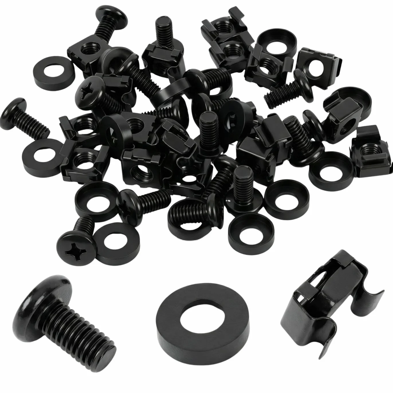 Lumonic Dadi della gabbia M6 | 20 pezzi set completo nero | Viti per rack con disco antigraffio | per armadio di rete da 19 e 10 pollici pannello patch per armadio server