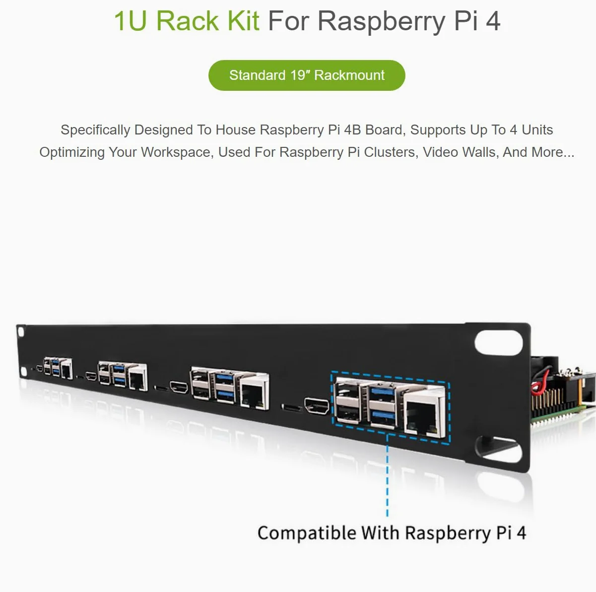Kit rack 1U compatibile con scheda Raspberry Pi 4B Montaggio a rack da 19 ″ Supporta fino a 4 unità Ottimizzazione dello spazio di lavoro