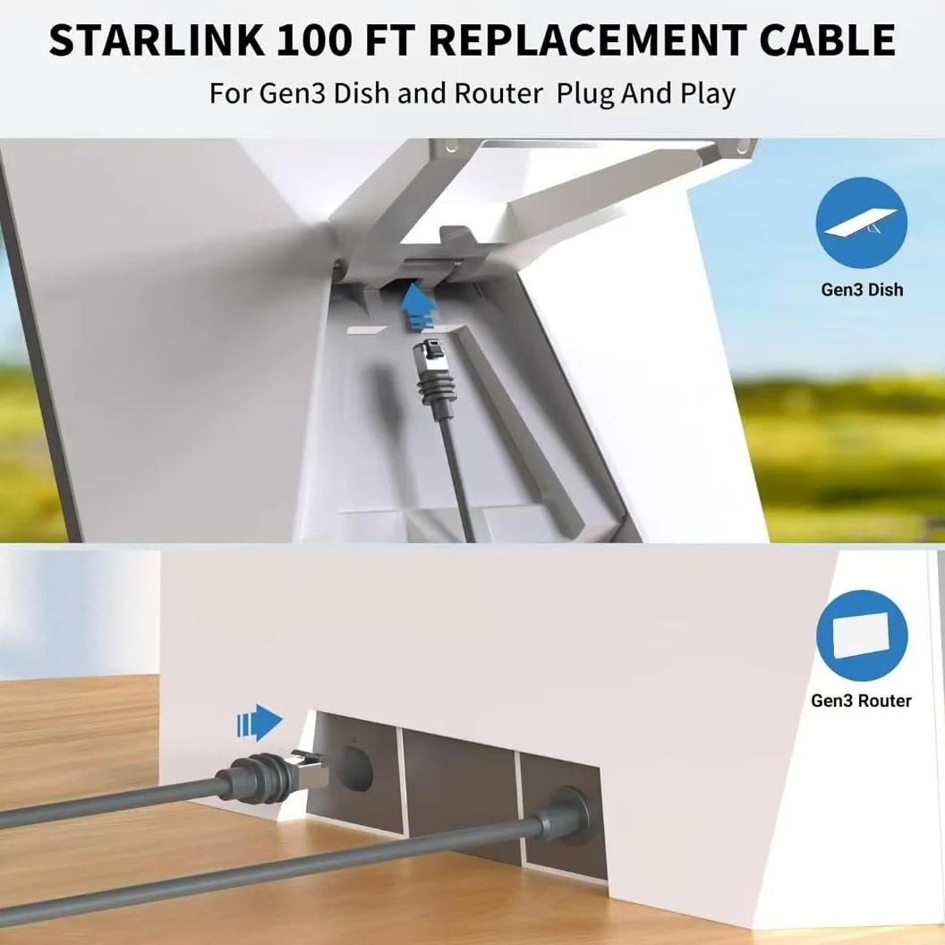 Elfcam - 30m Cavo Prolunga Starlink Gen 3, Cavo Ethernet Cat6 26AWG per Esterno/Interno, Compatibile con Starlink Gen 3 e Mini, 30 Metri