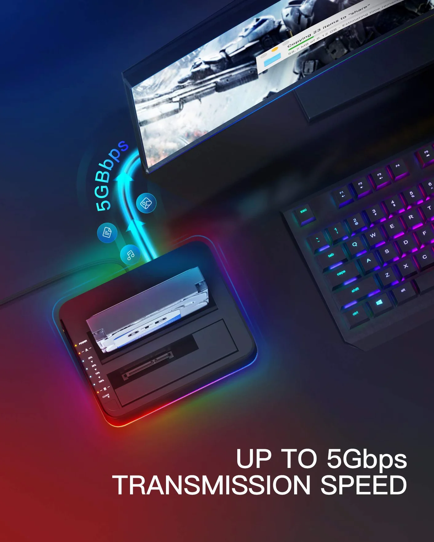 Inateck Stazione di aggancio (Docking Station) per disco rigido RGB SATA a USB 3.0 con clonazione non in linea (offline), per HDD e SSD da 2,5 e 3,5 pollici, supporto UASP, nero, SA02003