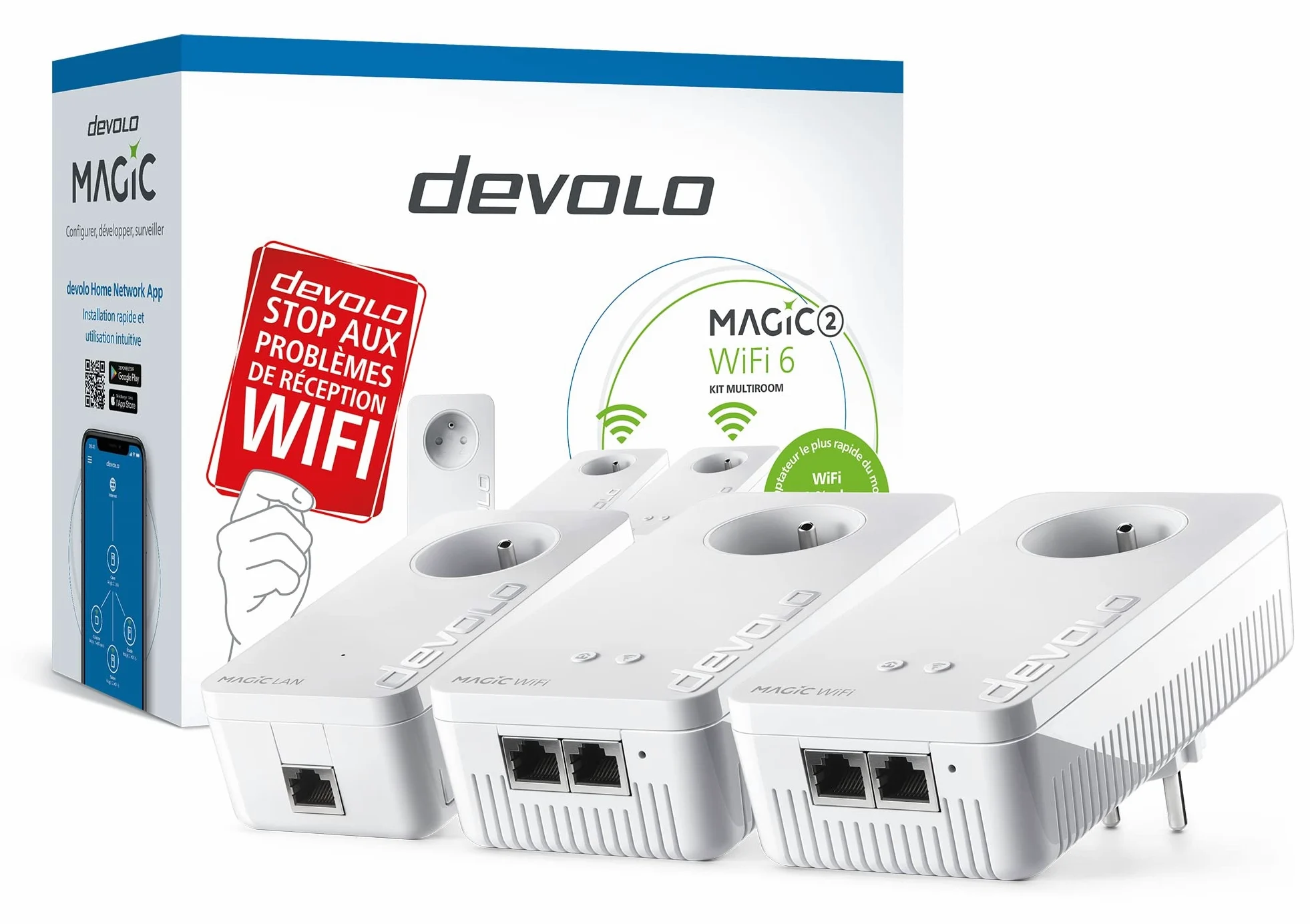 devolo Kit Multiroom Magic 2 WiFi 6 (ax): 3 adattatori WiFi PLC, presa Gigogne (2400 Mbit, mesh, 5 porte Gigabit Ethernet) ideale per telelavoro e streaming, presa francese