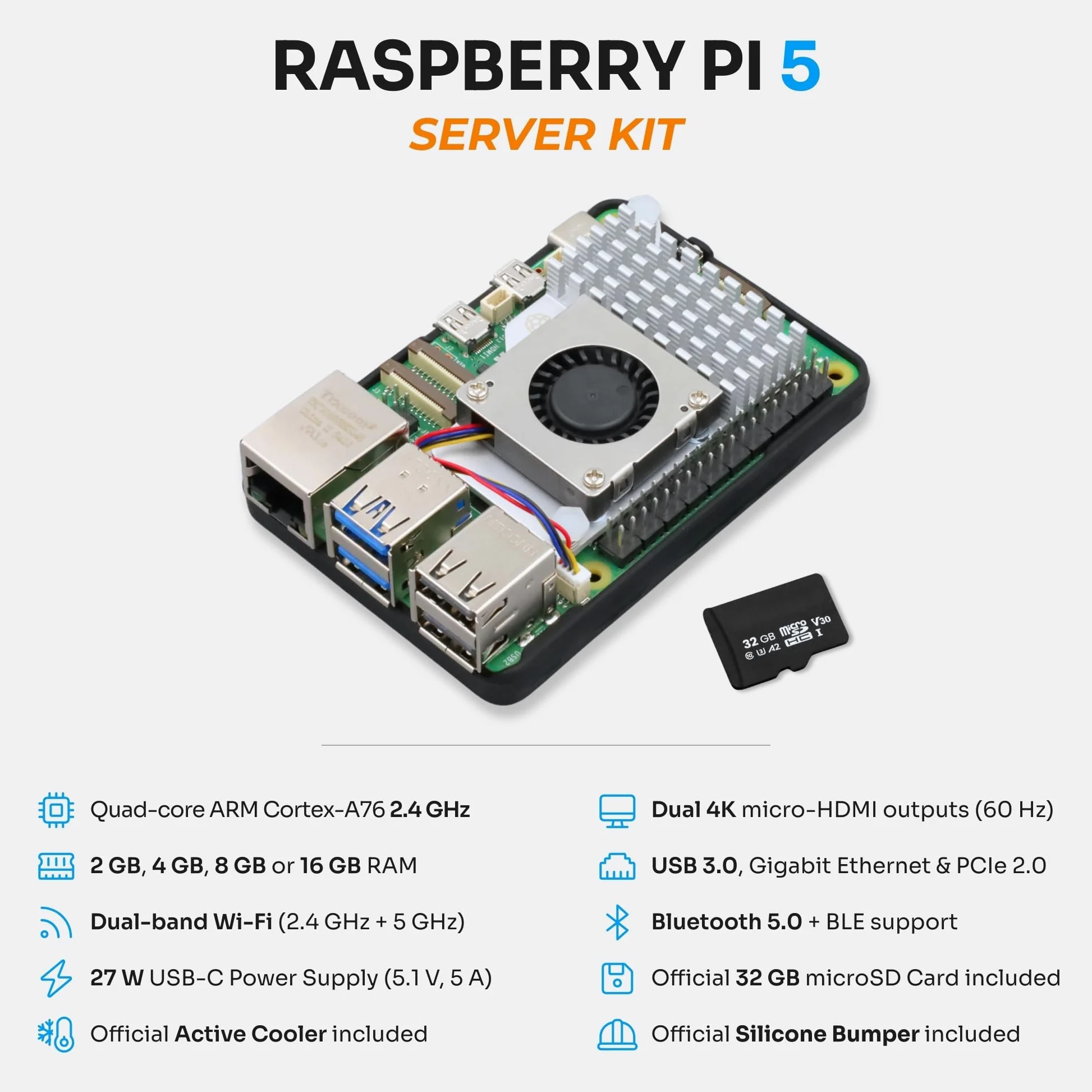 Starter Kit per Raspberry Pi 5 8 GB - Server Edition | Scheda MicroSD da 32 GB | Alimentatore da 27 W | Raffreddatore attivo | Bumper in silicone