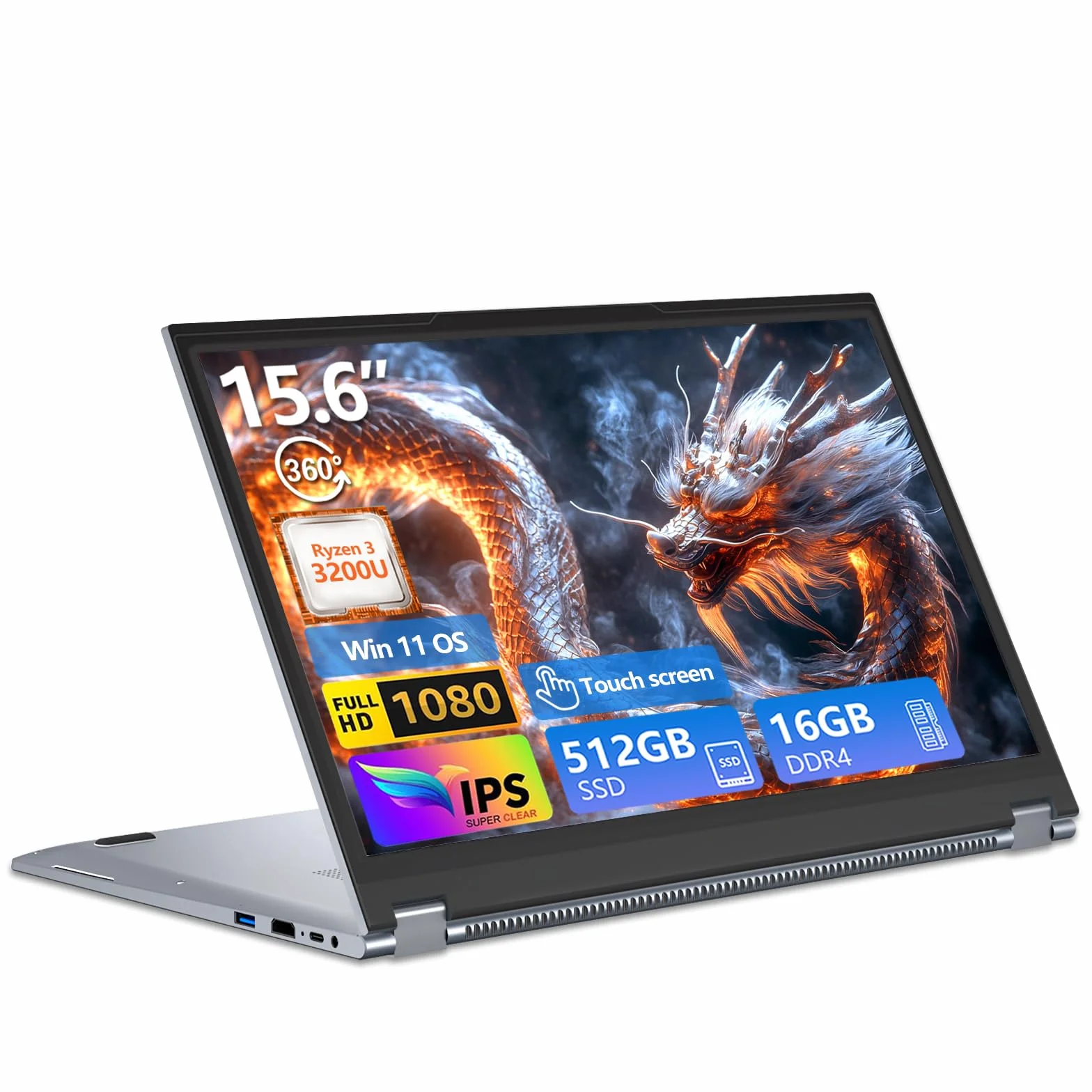 PC Portatile 2 in 1, Notebook R3 3200U CPU, Win 11 PC Portatile 16 GB RAM 512 GB SSD, 15,6 Pollici Notebook 1080P Touchscreen Flip 360°, Radeon Graphics GPU, Laptop con RJ45+USB 3.0+Mini-HDMI+Webcam