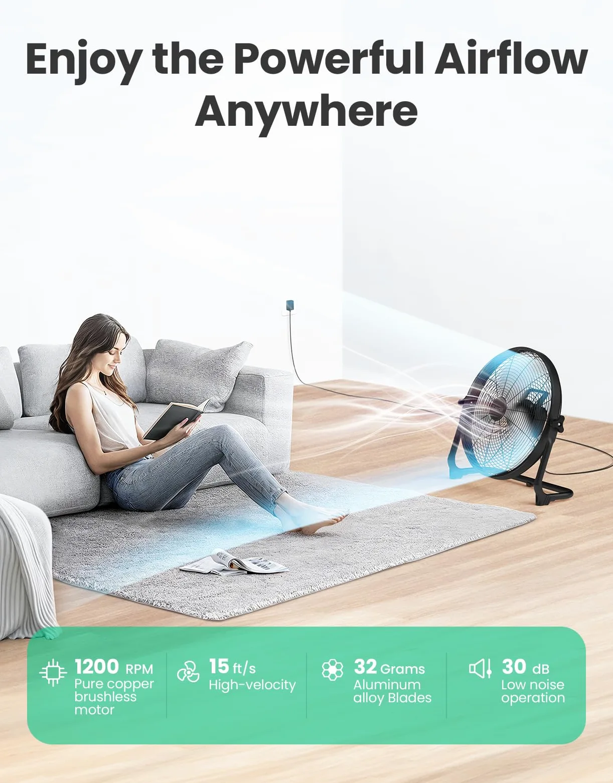 Ventilatore da pavimento portatile da 45,7 cm, a batteria, ricaricabile ad alta velocità, ricarica USB per telefono, durata 12-60 ore, silenzioso, wireless, flusso d'aria, per campeggio, casa
