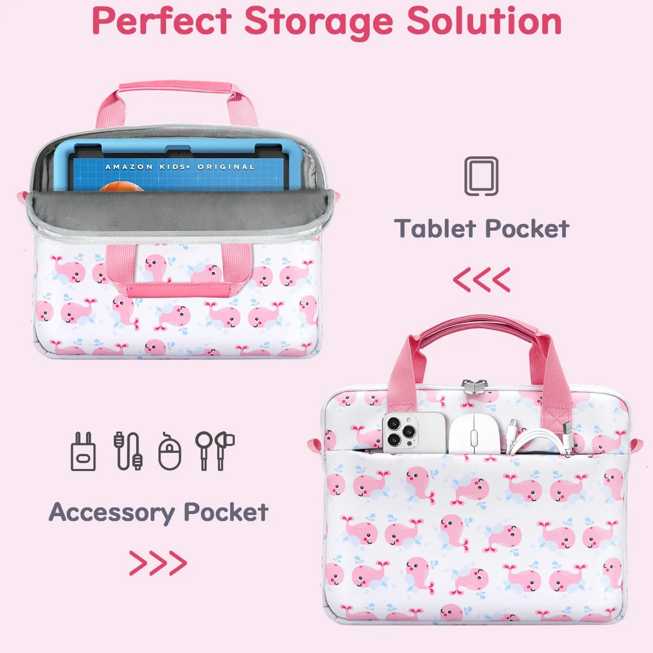 Dadanism Custodia per Tablet per Bambini, Borsa per Tablet da 12.5 Inch, Borsetta per Tablet con Manico e Tracolla per Fire HD 10 Kids/Fire HD 10 Kids Pro 13th/11th Gen 2023/2021, Balena Rosa