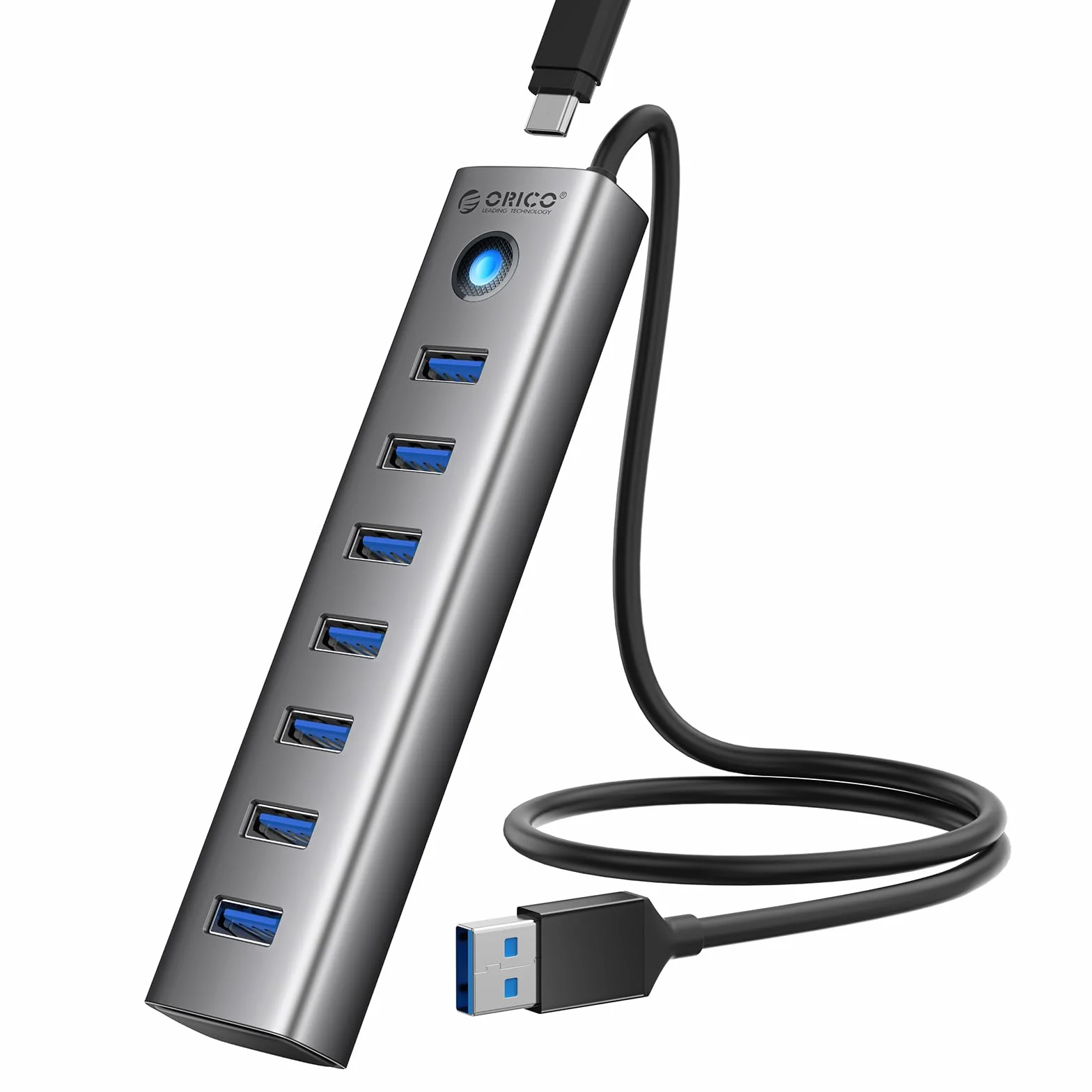 ORICO Hub USB 3.0, Hub USB 5Gbps in Alluminio 7 porte, Cavo 50CM con Porta di Alimentazione 5V/3A Type-C, Adattatore USB 3.0 Multipla Compatibile con MacBook, PS4, Surface Pro, HP