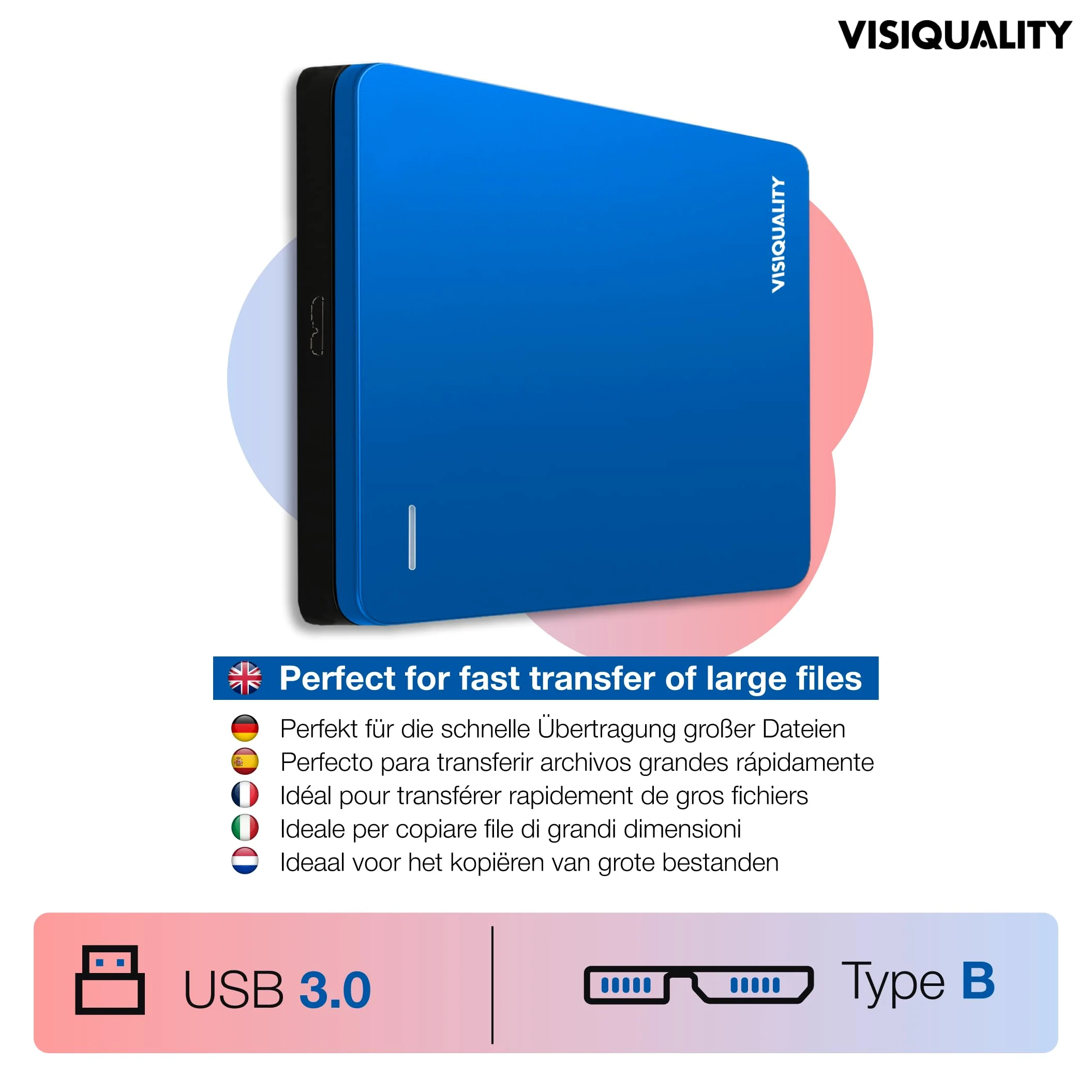 Hard disk esterno ad alta velocità, 1 TB, USB 3.0, compatibile con Windows e Mac, Plug and Play, per PS4 e Xbox, compatto, disponibile in 3 colori (blu)