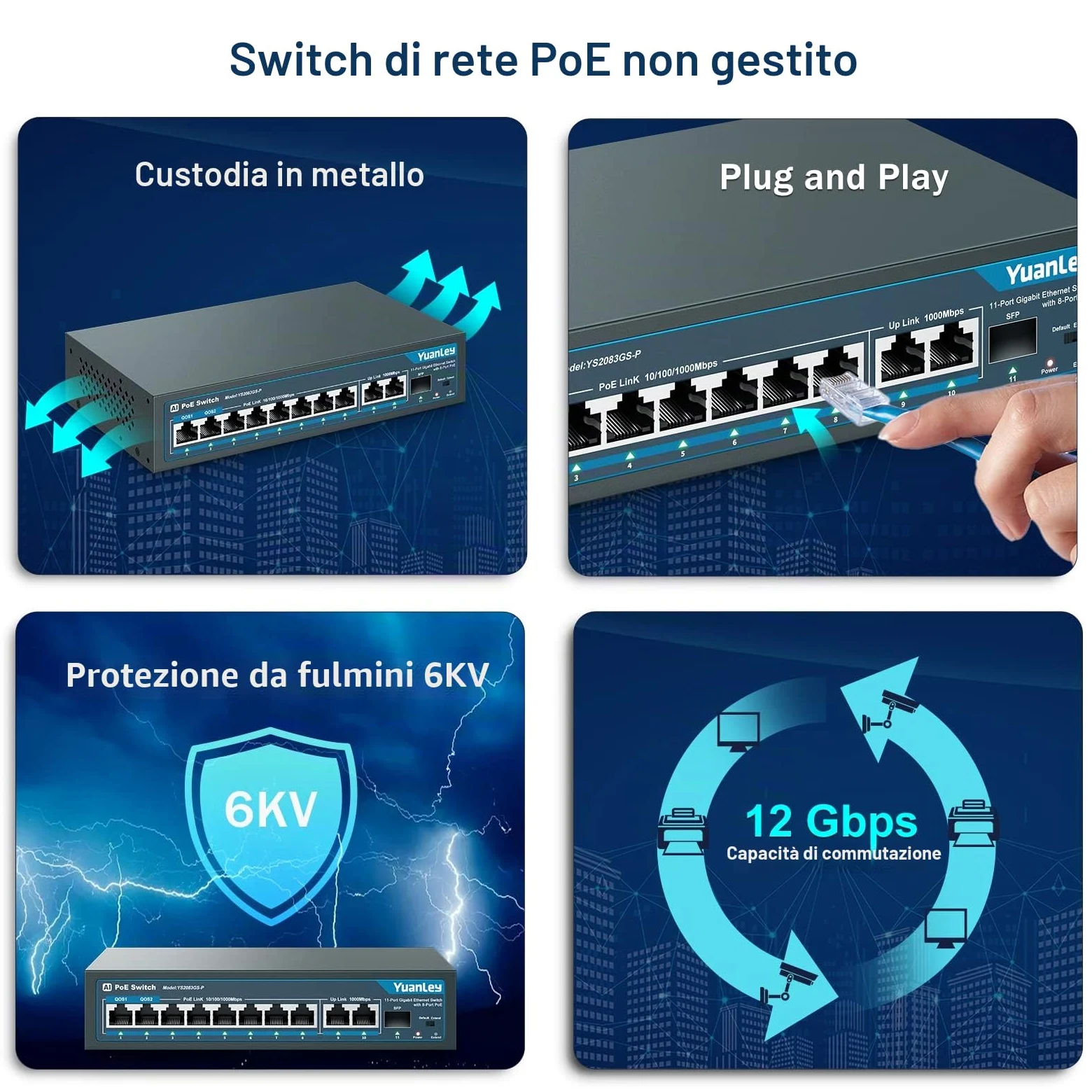 YuanLey 11 Porte Switch Gigabit Poe, 8 Porte Poe+ 1000 Mbps, 2 Gigabit Uplink, 1 Porta SFP, 120W 802.3af/at, Metal, Qos, Switch Ethernet Non gestito Plug And Play AI Smart Detection