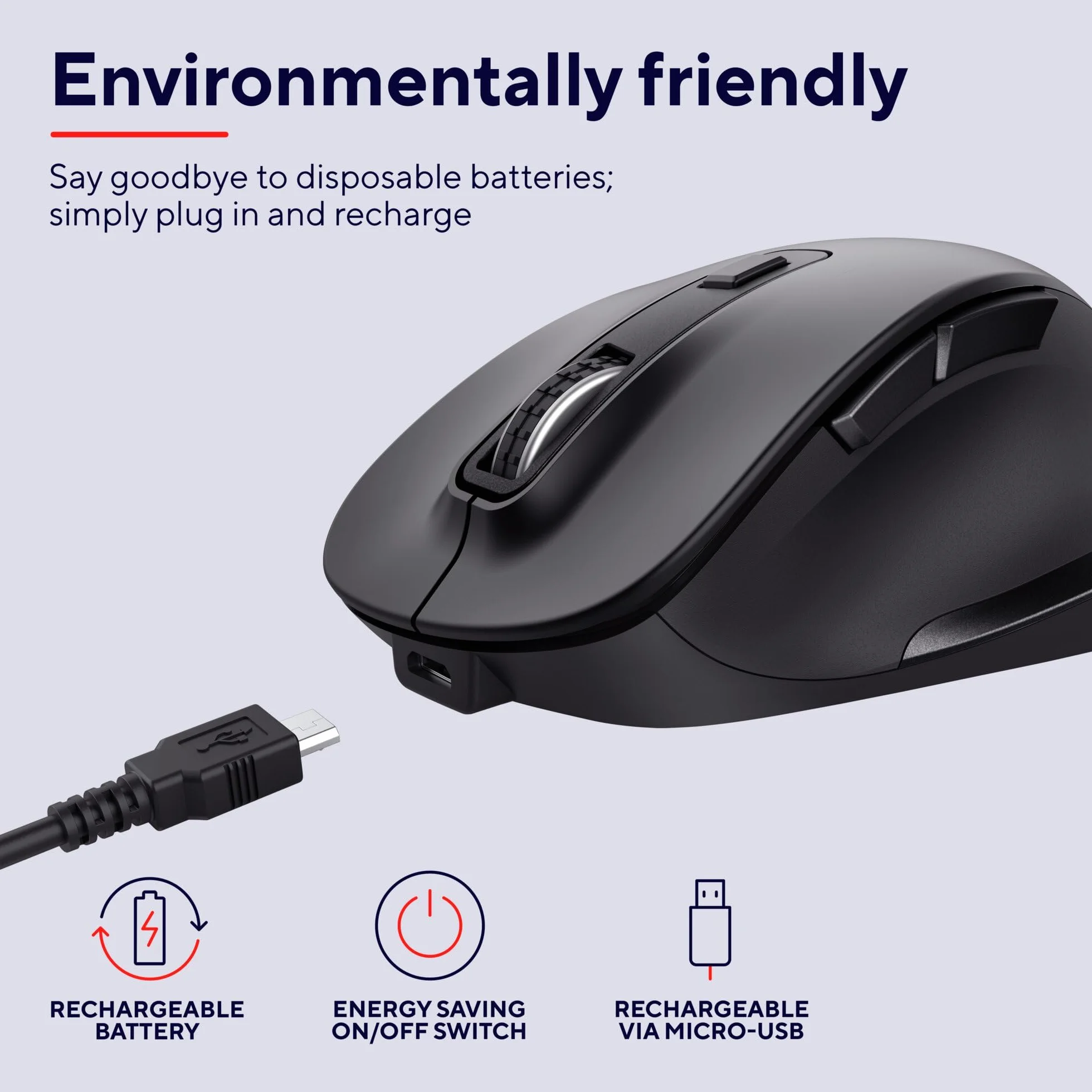 Trust Fyda Mouse Wireless Ricaricabile, Design Sostenibile, 800-2400 DPI, 6 Pulsanti, 2,4 GHz, Ricevitore USB, Mouse Ergonomico senza Filo per Laptop, PC, Computer, Macbook, Ufficio - Nero