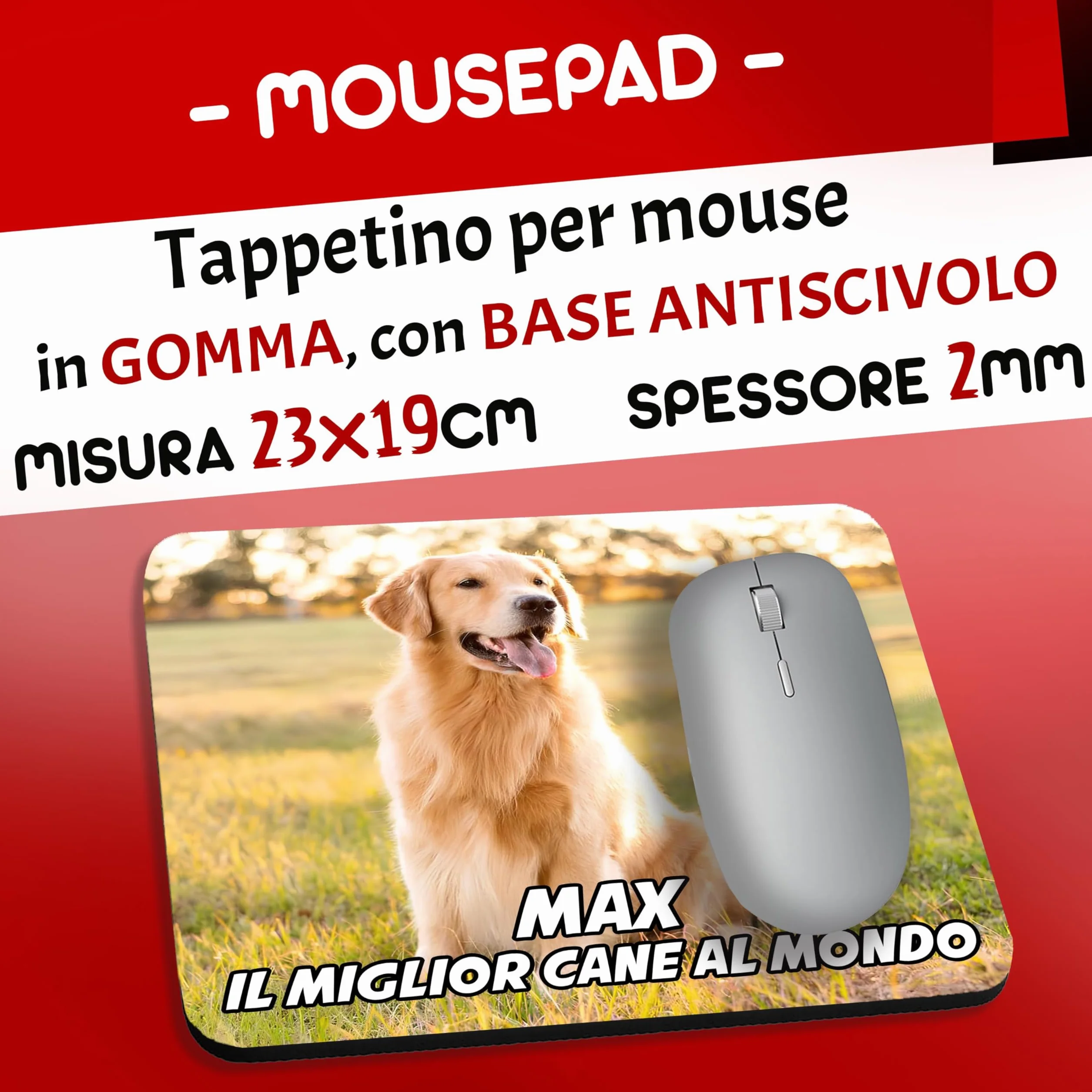 t-shirteria - Tappetino Mouse Personalizzato - Mousepad Idea Regalo per Compleanno, Colleghi di Lavoro - Base Antiscivolo, Facile da Pulire - Perfetto per Postazioni Gaming e di Ufficio - 23x19 cm