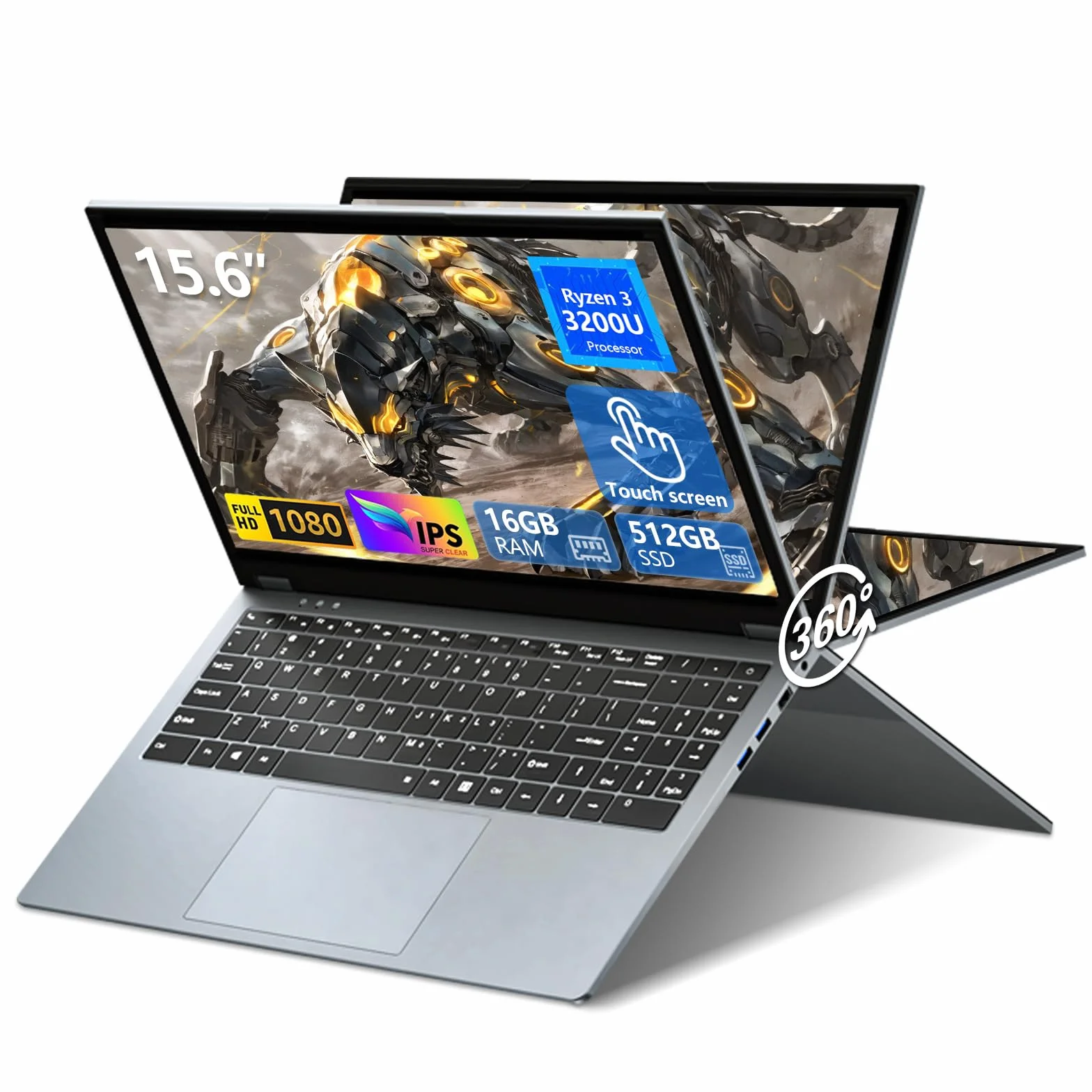 15,6 Pollici Portatile PC 2 in 1, Ryzen 3 3200U CPU, Notebook 16 GB RAM SSD 512 GB, Laptop con display IPS 1920x1080, RJ45, Type-C, USB 3.0, ultra sottile e leggero Computer portatile