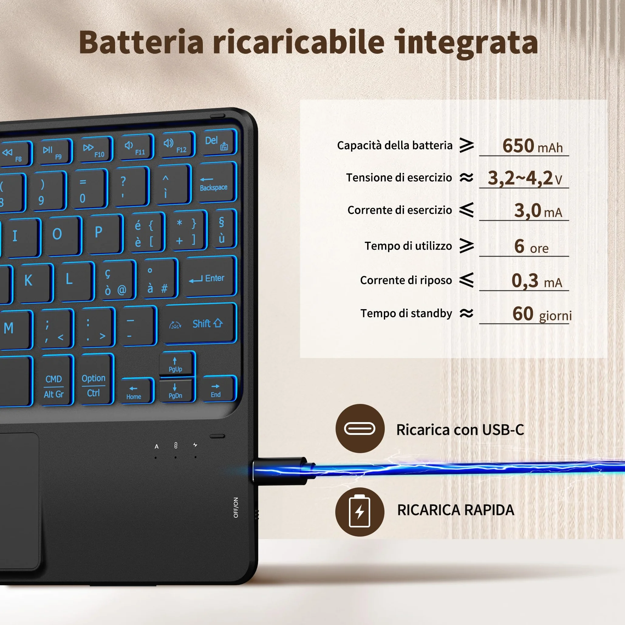CACOE Tastiera Bluetooth Senza Fili Ultra Sottile con Multi Touch Integrato Touch Pad con Android IOS e Windows, 7 Colori Retroilluminate, Tastiera Senza Fili, Layout Italiano, Nera