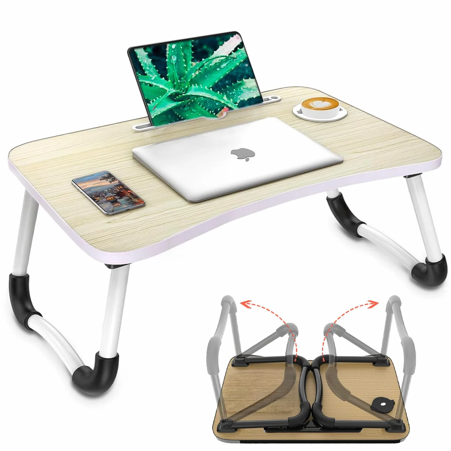 Avilia Tavolino da Letto Pieghevole 60×40 cm – Vassoio da Letto con Leggio Tablet e Porta Bicchiere, Scrivania Portatile Laptop per Smart Working, Colazione a Letto e Divano, Salvaspazio
