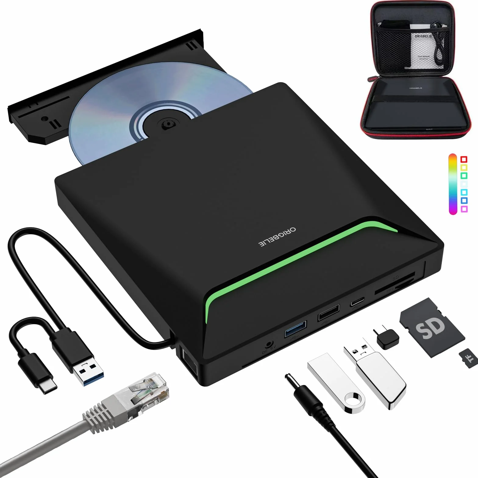 Nuovo Masterizzatore DVD Esterno, USB 3.0 Lettore DVD Esterno con Adattatore Ethernet, 3 Porte USB e 2 Porte TF/SD Card, Lettore CD Esterno per PC Portatile MacBook Windows Linux Mac OS con Custodia