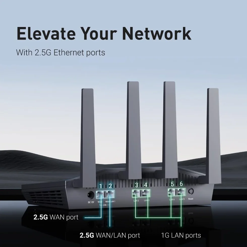 GL.iNet GL-MT6000(Flint 2) Router WiFi 6 | Router WiFi per giochi | 2 porte multi-gig da 2,5 G+4 porte Ethernet da 1 G | Connettività dei dispositivi di massa | OpenVpn rapido e WireGuard | 802.11ax | Wi-Fi 6 8 stream a 6 Gbps, doppia porta 2.5G, fino a 1