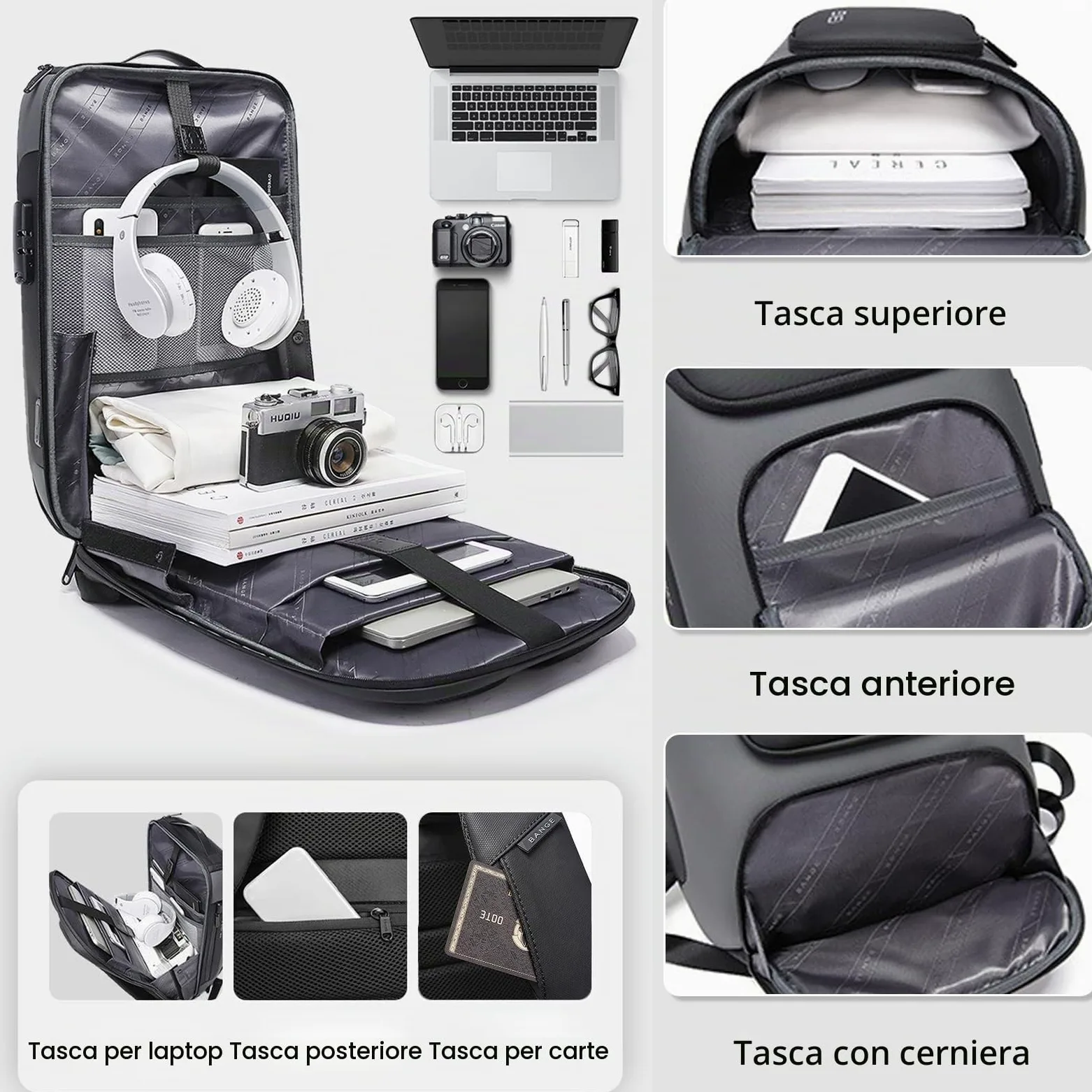 FANDARE Antifurto Zaino Ufficio Uomo Porta PC e USB - Borsa Impermeabile per Business Viaggio Lavoro Scuola - Grigio