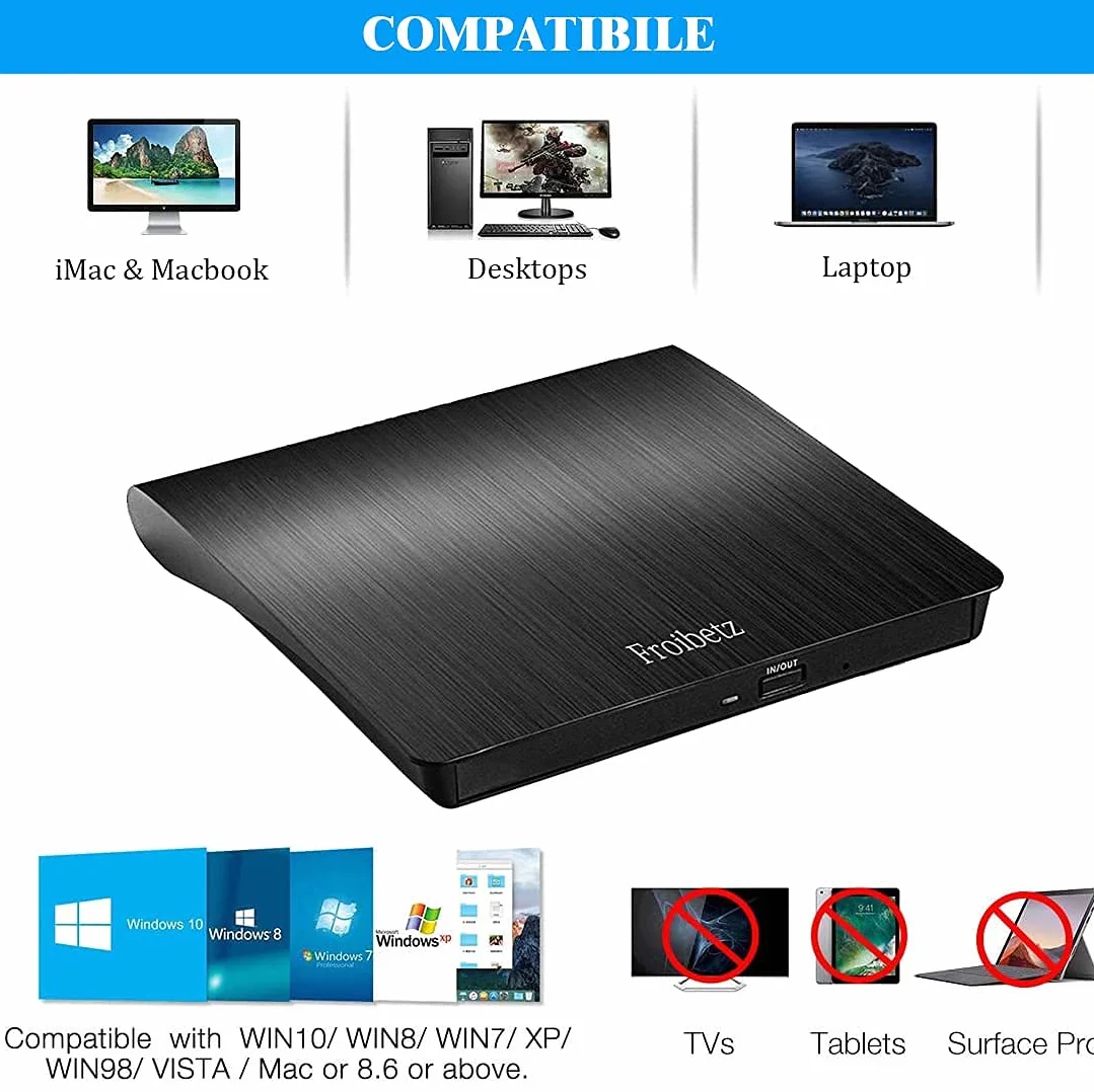 Masterizzatore DVD CD Externo Unità USB 3.0 DVD-R CD-RW Dispositivo Lettore di Schede Portatile Ultra Slim External Disc con Mac/OS/XP/Win11/Win10/Win7/Win8 (Black)