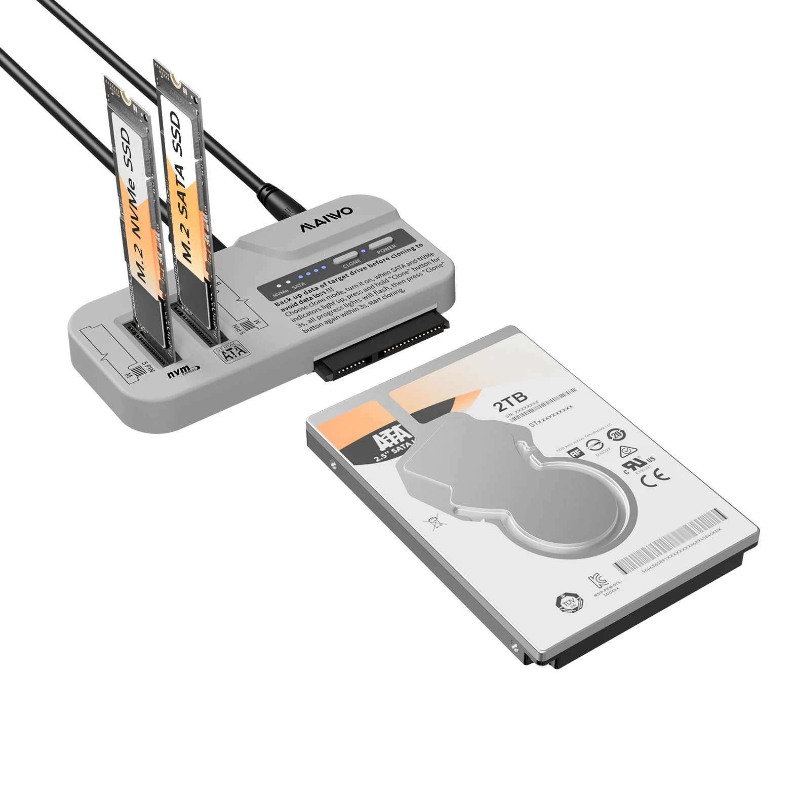 MAIWO M.2 NVMe/SATA e 2.5/3.5" SATA SSD/HDD Docking Station, Cloner per disco rigido per SSD/HDD da 2,5/3,5", adattatore M.2 SSD a USB A C Reader per chiave M Key B + M, USB3.2 Gen2x1 fino a 10 Gbps