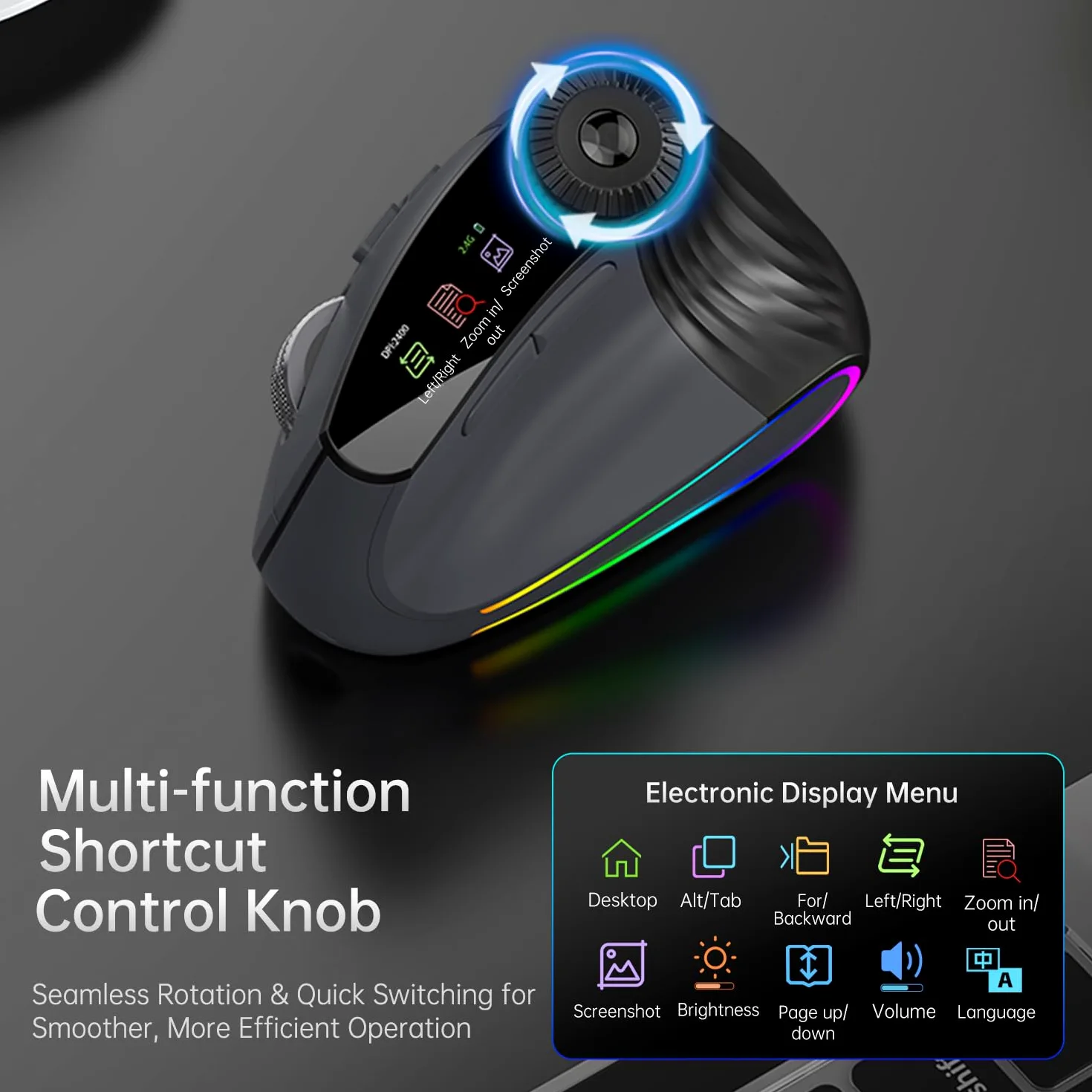 Mouse verticale ergonomico senza fili, ricaricabile Bluetooth ultraveloce scorrimento 4800 DPI, mouse Ergo 2.4G silenzioso clic 6 pulsanti mouse ottici RGB, 3 connettività multi-dispositivo