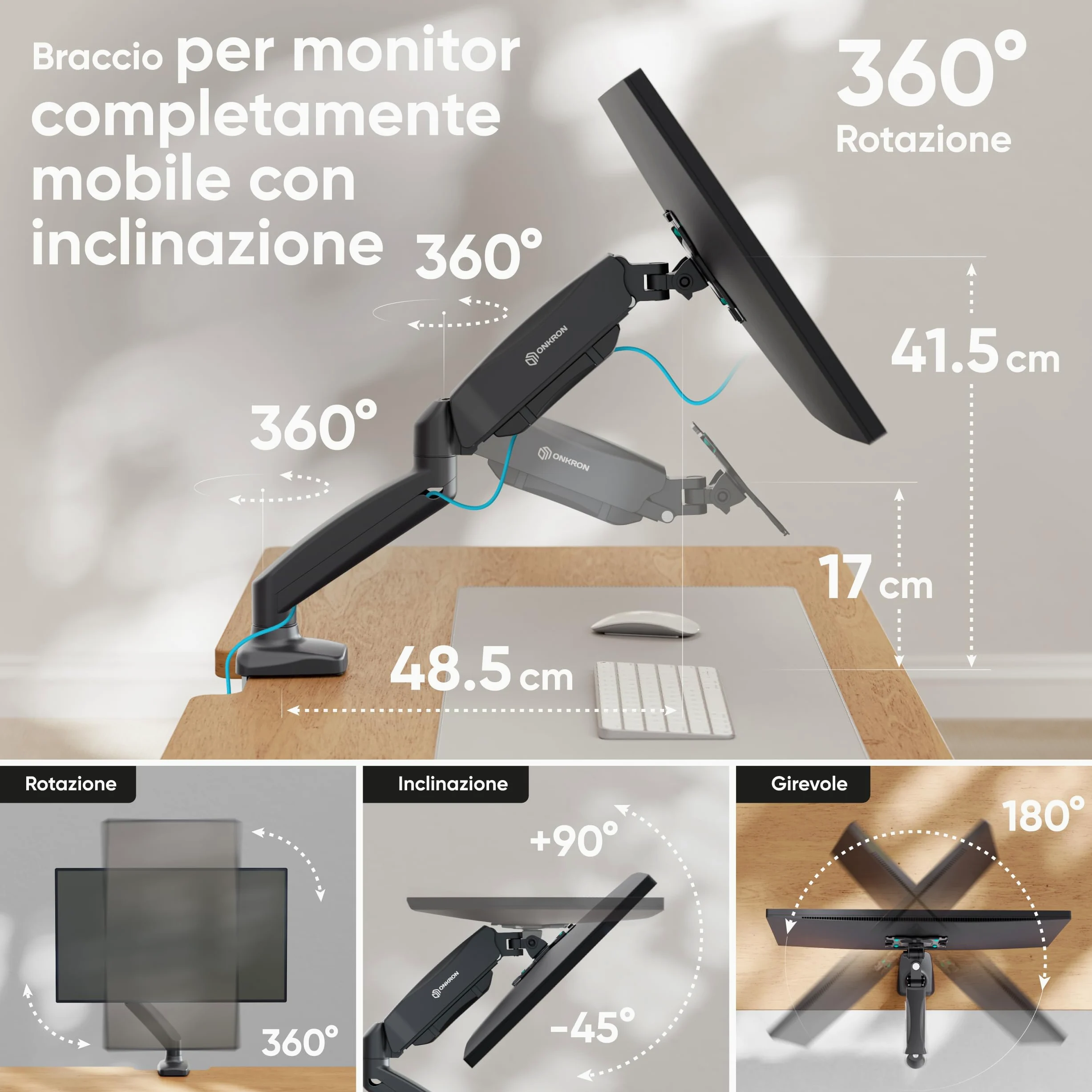 ONKRON Supporto Monitor da 13 a 32 pollici - Braccio Monitor Scrivania con Peso fino a 8 kg - Staffa Monitor Scrivania Universale con max VESA 100x100 mm/Supporto TV Girevole e Inclinabile G80-B Nero