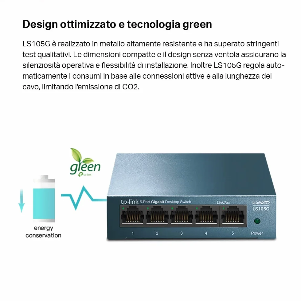 TP-Link Ls105G Switch Ethernet 5 Porte Gigabit, Sdoppiatore Ethernet, Struttura In Metallo, 802.1P/Dscp Qos, Funzionamento Silenzioso, Montaggio Desktop, Blu, ‎9.98 x 9.8 x 2.5 cm; 190 grammi