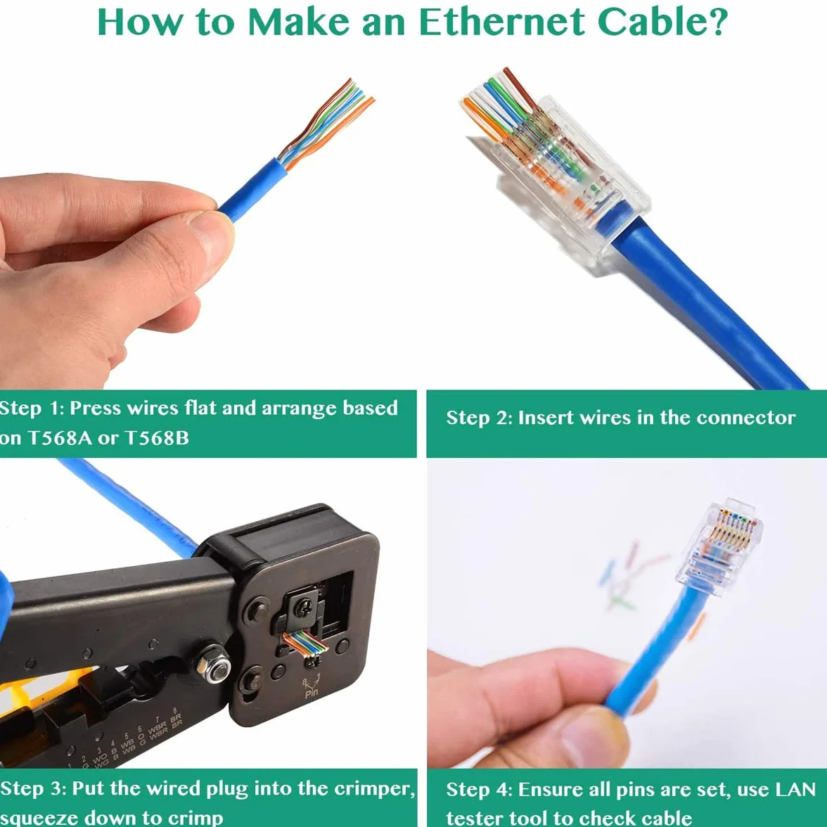 Greluma 60 Pz Connettori RJ45 CAT6 Pass-through termina Spina terminale di rete placcata oro Ethernet, Smartphone
